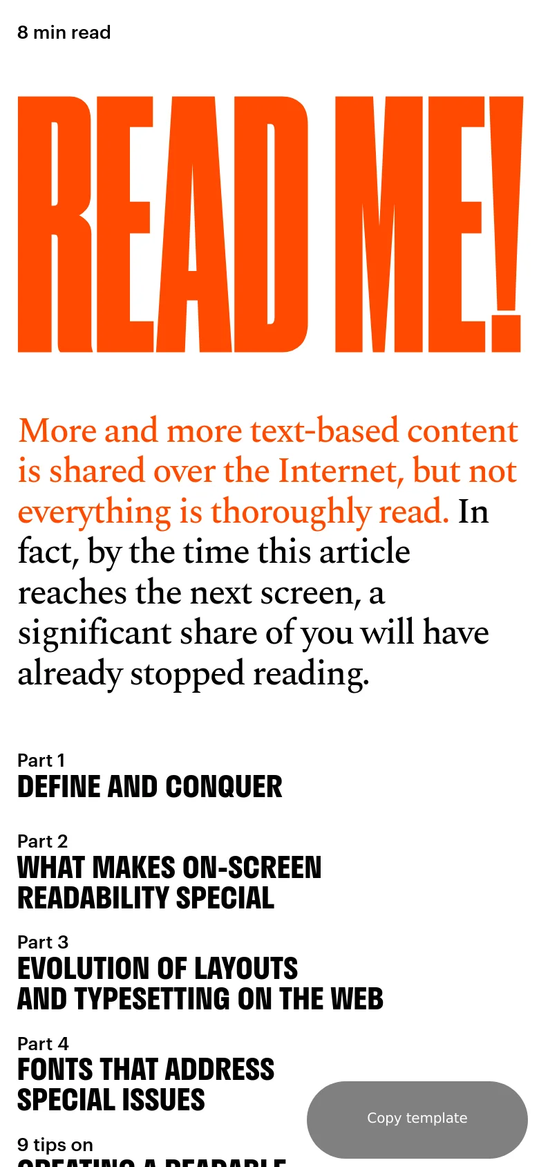 A mobile version of the editorial page where the layout shifts to a single vertical column. The large orange 'READ ME!' headline dominates the top, followed by large serif text and a list of article parts like 'Part 1: DEFINE AND CONQUER' in bold black font. A grey 'Copy template' button is anchored at the bottom right.