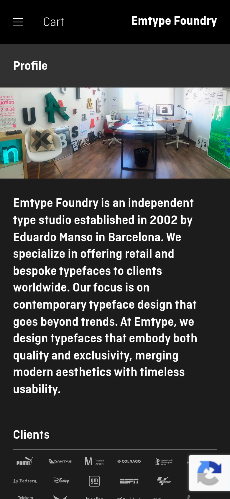 The mobile version presents a simplified layout with a hamburger menu and the brand name at the top. The hero image and bold profile text are stacked vertically, and the client logo grid is scaled down to fit the narrower screen width.