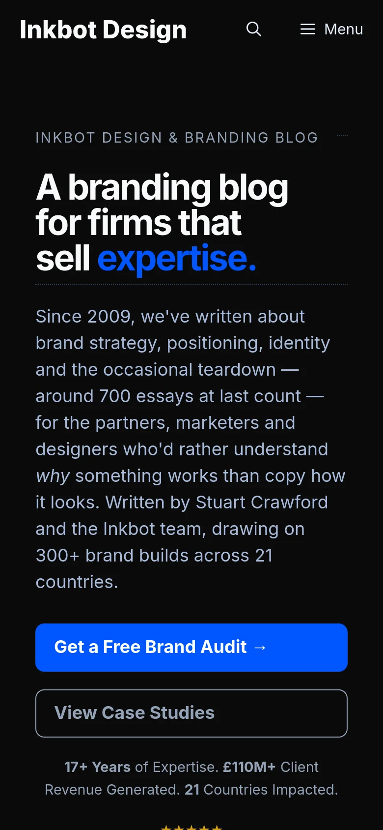 The mobile version presents a vertically stacked layout on a black background, prioritizing the large white and blue headline. The introductory text is centered, followed by two full-width buttons for 'Get a Free Brand Audit' and 'View Case Studies.' The navigation is condensed into a hamburger menu icon at the top right.