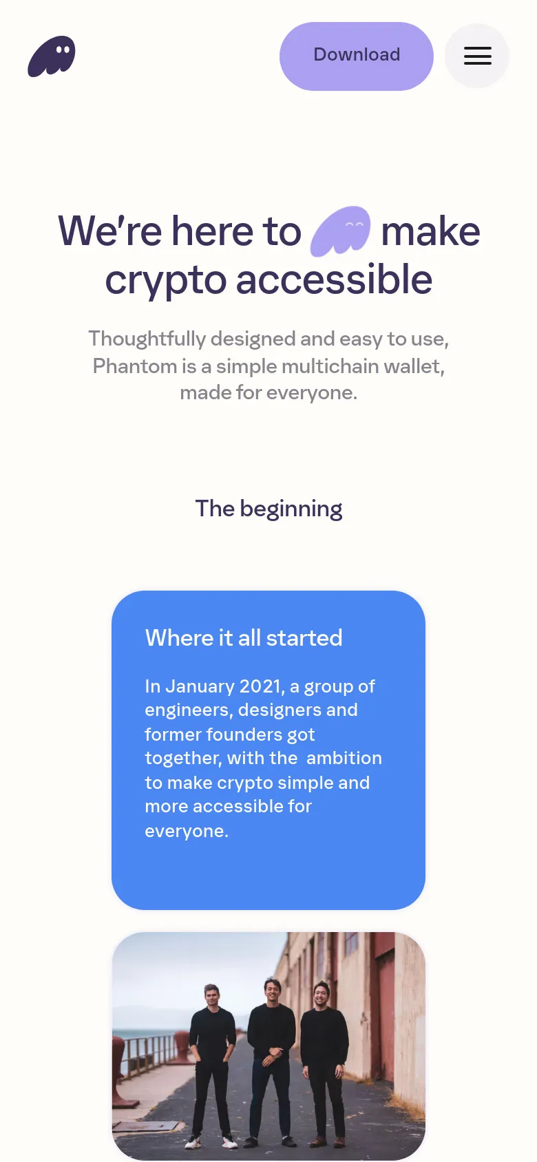 Phantom About page on mobile with a vertically stacked layout. The hero headline is centered, followed by a single-column flow of text sections and large blue information cards designed for easy scrolling on small screens.