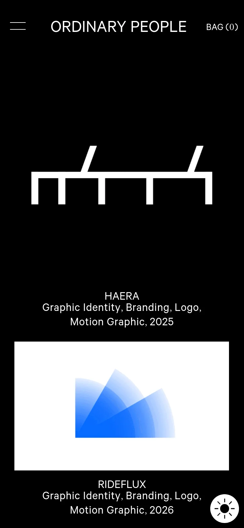 The mobile version presents a simplified, vertical layout with a large central logo and a hamburger menu icon. The content focuses on a single large project tile for 'HAERA' with its description and a large blue graphic, followed by the 'RIDEFLUX' project. The navigation and tag list from the desktop version are condensed or moved to a menu to prioritize large, scrollable imagery.