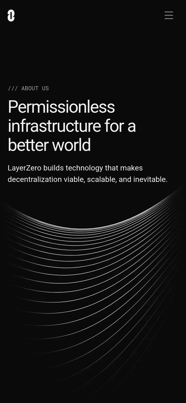 The mobile version of the About page maintains the dark aesthetic and white curved line graphics but uses a vertical stack. The headline and mission statement are centered and stacked vertically, and the top navigation is replaced by a hamburger menu icon next to the brand logo.