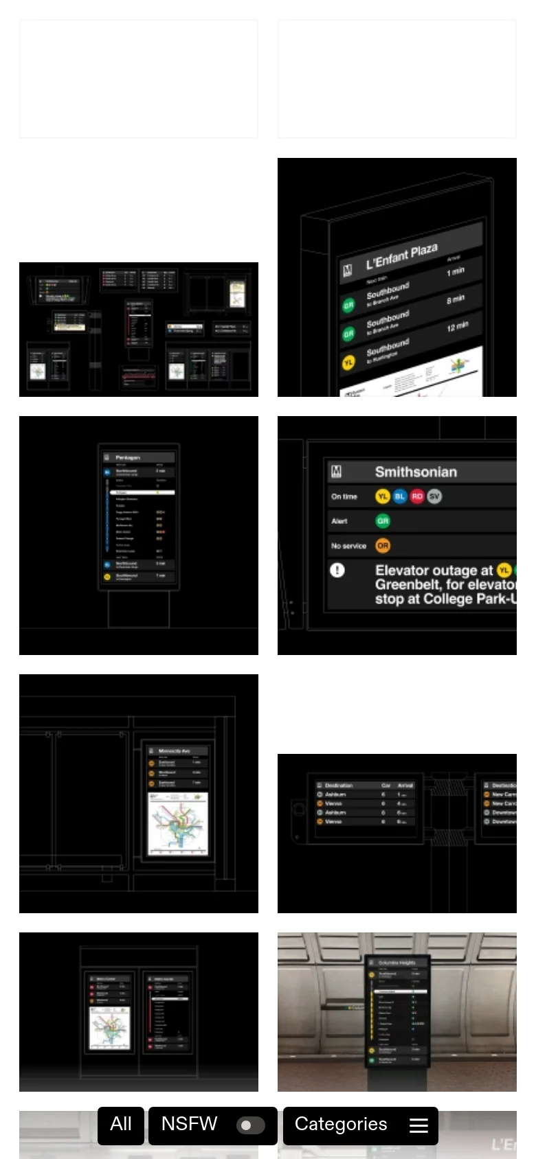 The mobile version of the Interfaces page simplifies the layout into a single-column view. The category sidebar is replaced by a 'Categories' dropdown menu at the bottom of the screen, and the image grid scales to fit the narrow viewport, maintaining the dark aesthetic and minimalist design.
