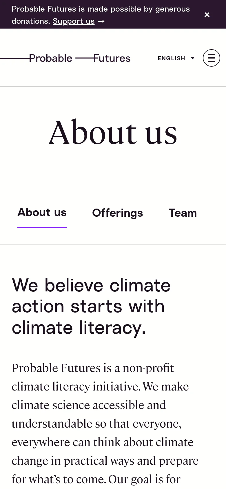 The mobile version simplifies the layout, replacing the top navigation bar with a hamburger menu icon and a language selector. The 'About us' heading and sub-navigation links are stacked vertically, and the main text content is presented in a single column for easy scrolling on a narrow screen.