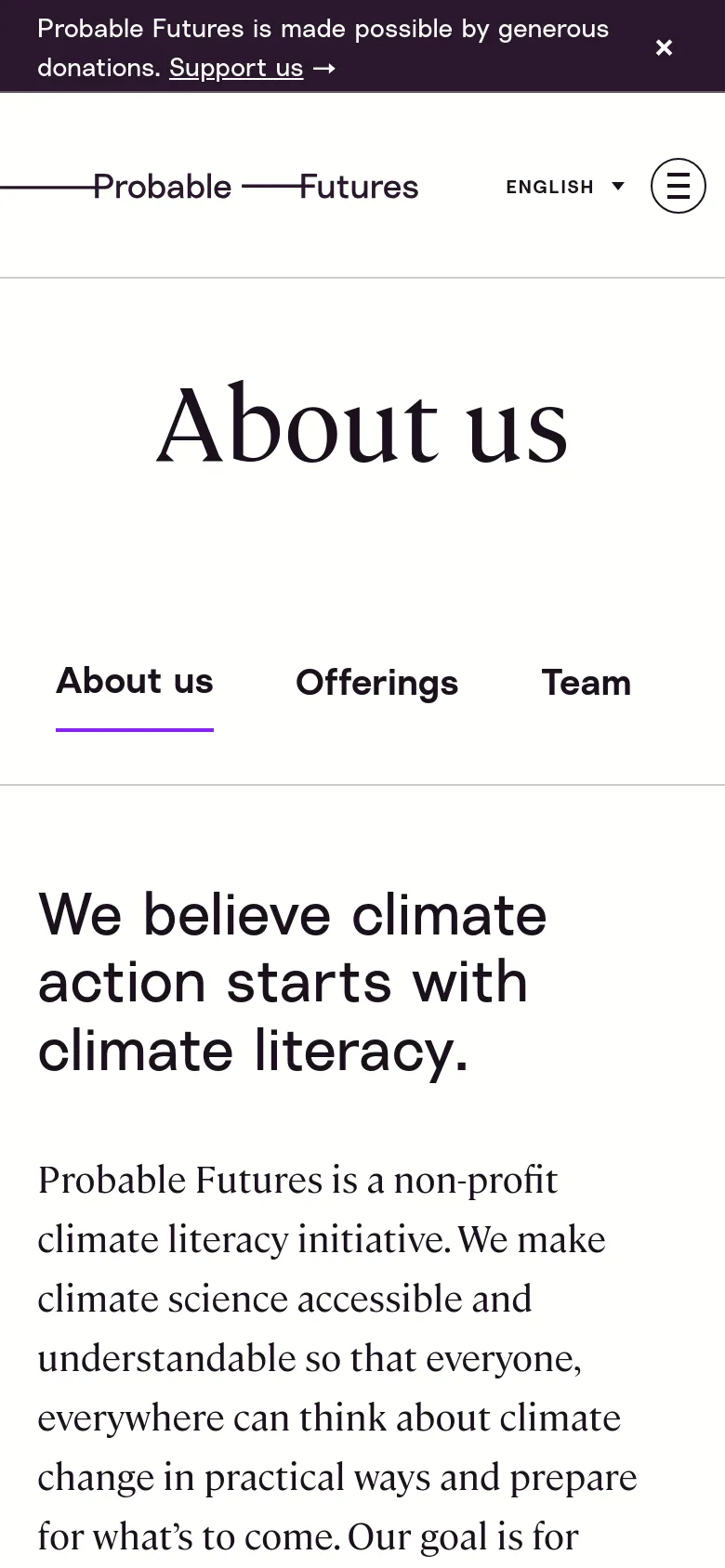 The mobile version simplifies the layout, replacing the top navigation bar with a hamburger menu icon and a language selector. The 'About us' heading and sub-navigation links are stacked vertically, and the main text content is presented in a single column for easy scrolling on a narrow screen.