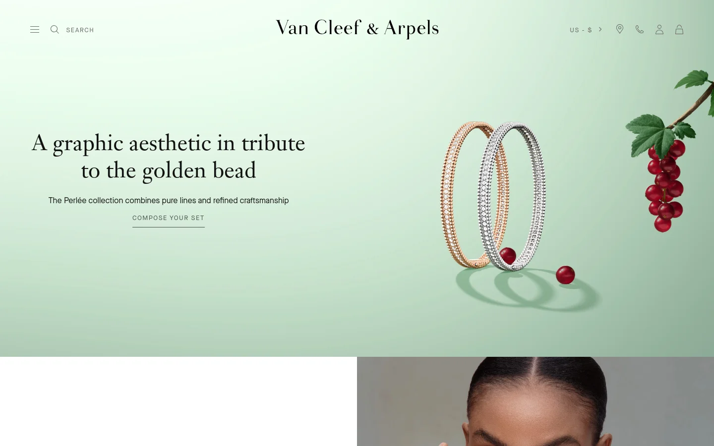 The desktop homepage features a light mint green hero section with the Van Cleef & Arpels logo, a search icon, and navigation menu at the top. The central headline reads 'A graphic aesthetic in tribute to the golden bead' next to high-quality imagery of two gold and diamond bracelets and red berries. A 'COMPOSE YOUR SET' call to action is positioned below the text.