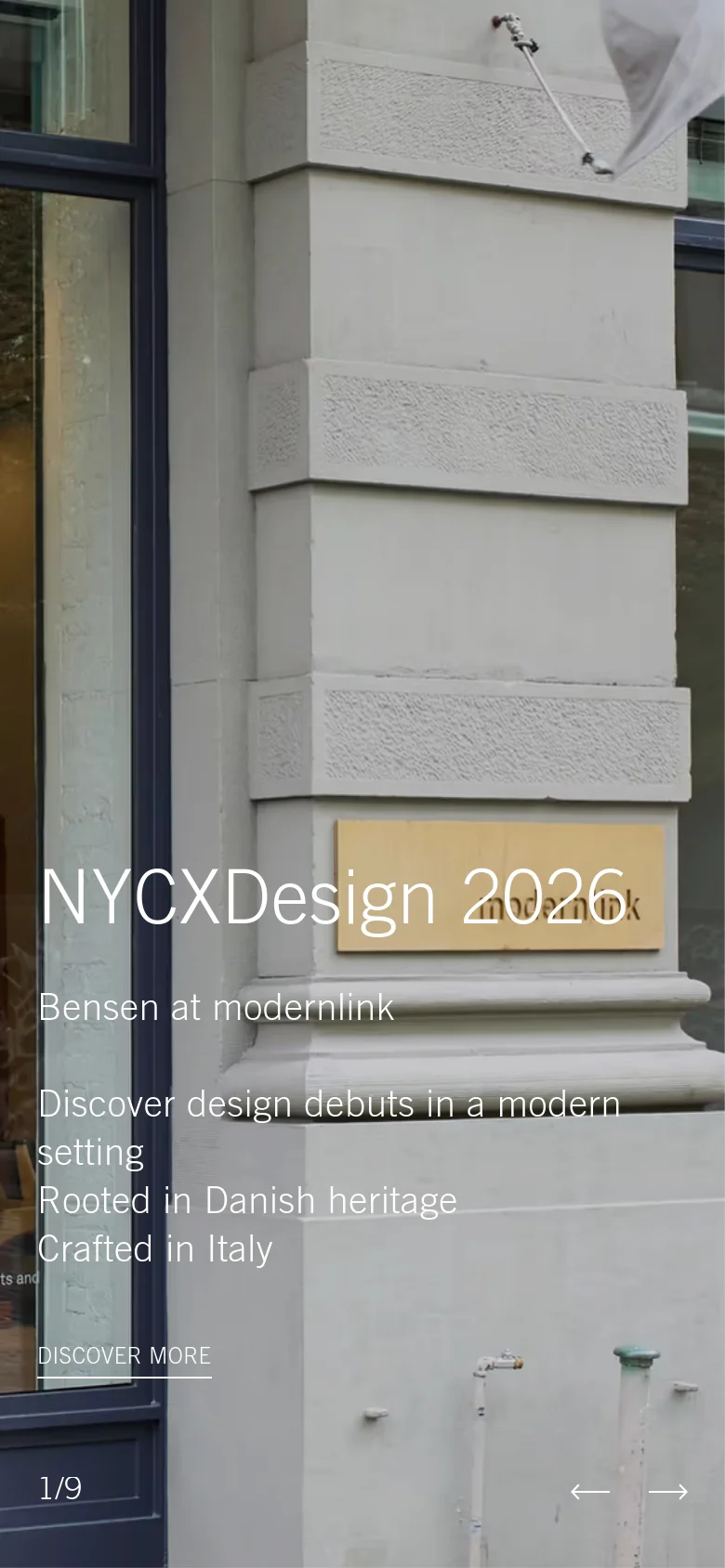 The mobile version presents the same full-width image slider content but optimized for a vertical aspect ratio. The text overlays are stacked vertically to fit the narrower screen, and the navigation elements are condensed, maintaining the minimalist aesthetic and neutral color scheme of the desktop site.