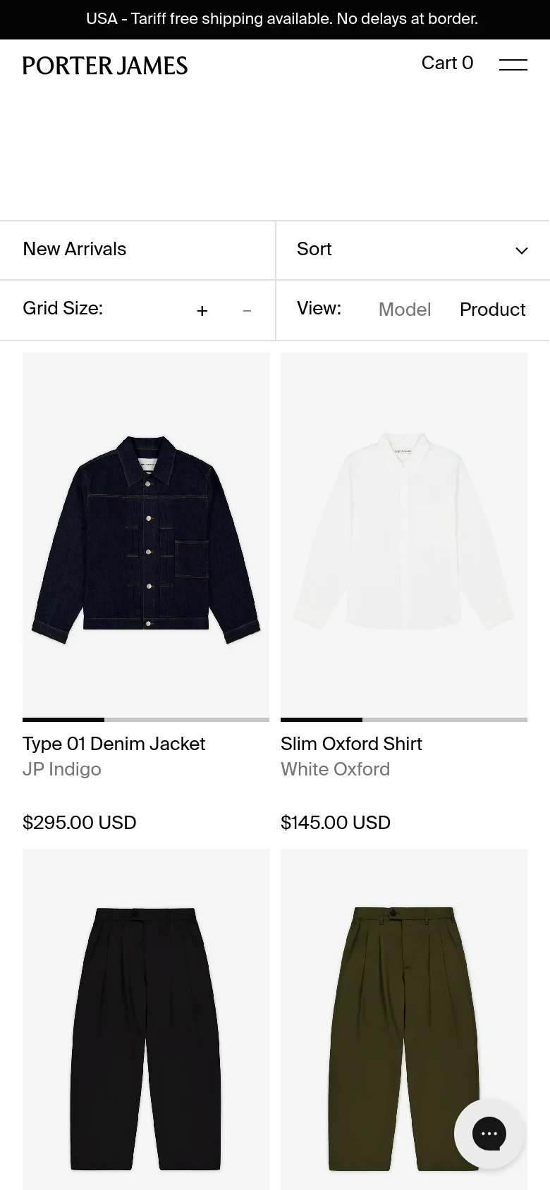 The mobile version presents a simplified interface with the Porter James logo, a 'Cart 0' indicator, and a hamburger menu icon at the top. The product grid is reorganized into a single or double column layout to fit the narrow screen, maintaining the white background and minimalist aesthetic. The 'Sort' and 'View' options are stacked vertically above the product listings.