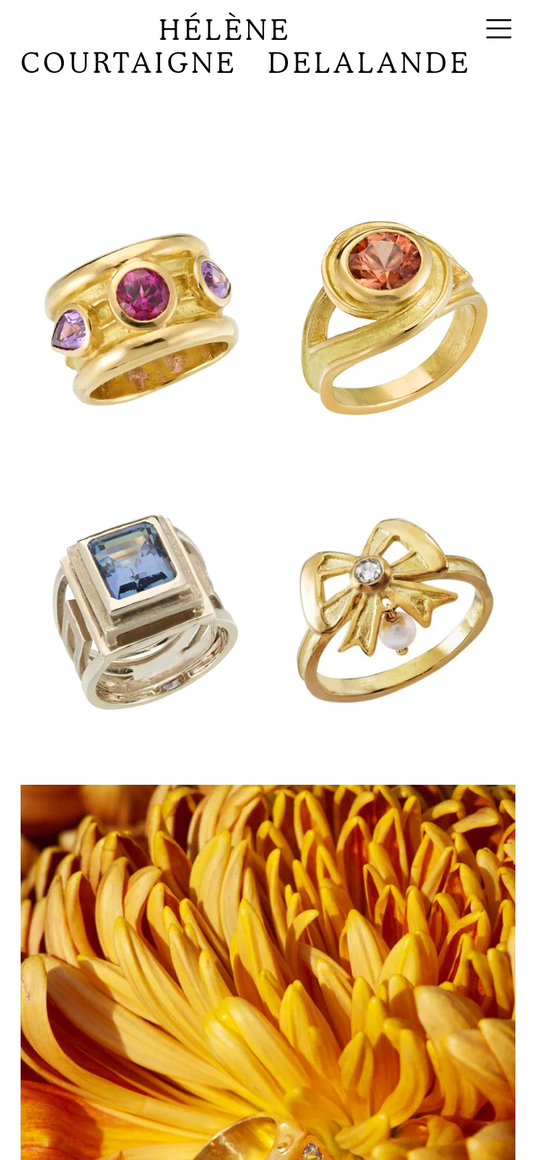 The mobile version presents a single-column vertical scroll of large jewelry product images. The navigation is condensed into a hamburger menu icon in the top right, and the brand name is centered at the top of the page.