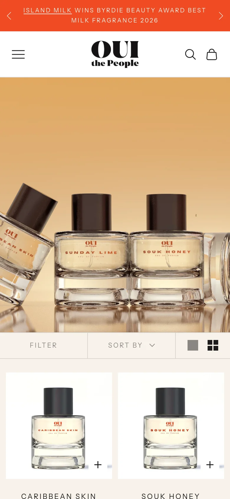 The mobile version shows a condensed view with a simplified header containing a hamburger menu, logo, search, and shopping bag icons. The hero image is scaled down, and the product grid transitions to a two-column layout with prominent 'Filter' and 'Sort By' buttons above the product listings.