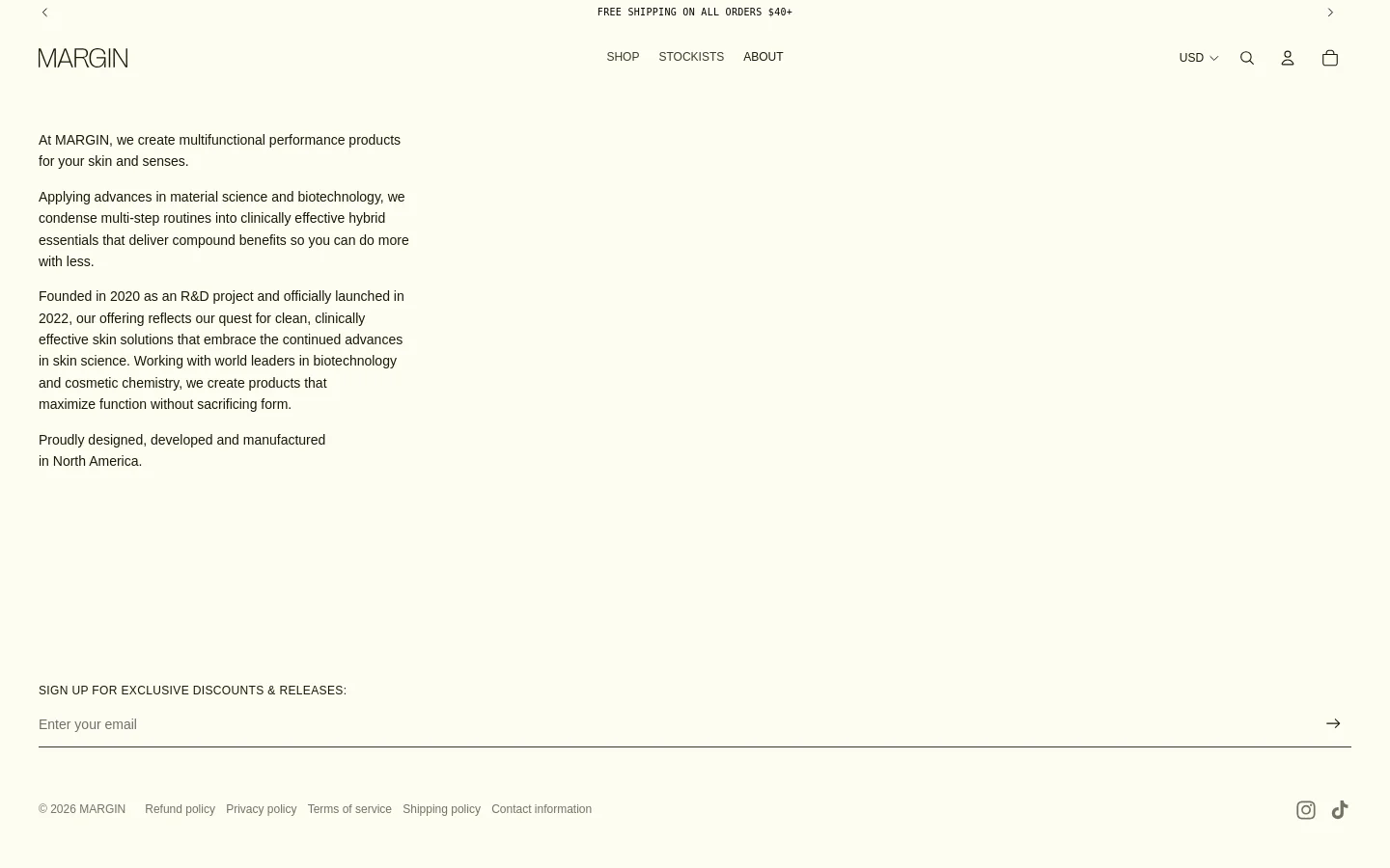 The desktop About page features a minimalist design with a white background and black serif typography. The MARGIN logo is centered at the top, flanked by navigation links like Shop, Stockists, and About, with a search icon and shopping bag on the right. The main content consists of several paragraphs of text describing the brand's mission and scientific approach, centered on the left side of the page.