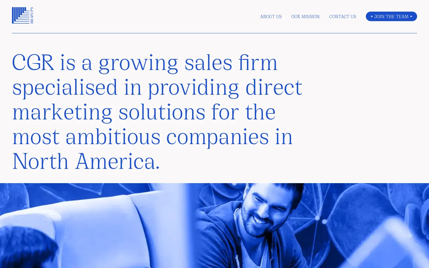 The desktop homepage features a clean white background with blue text and a blue-tinted hero image of people collaborating. A navigation bar at the top includes links for About Us, Our Mission, and Contact Us, alongside a prominent blue 'Join the Team' button. The layout uses large, elegant serif typography for the main headline.