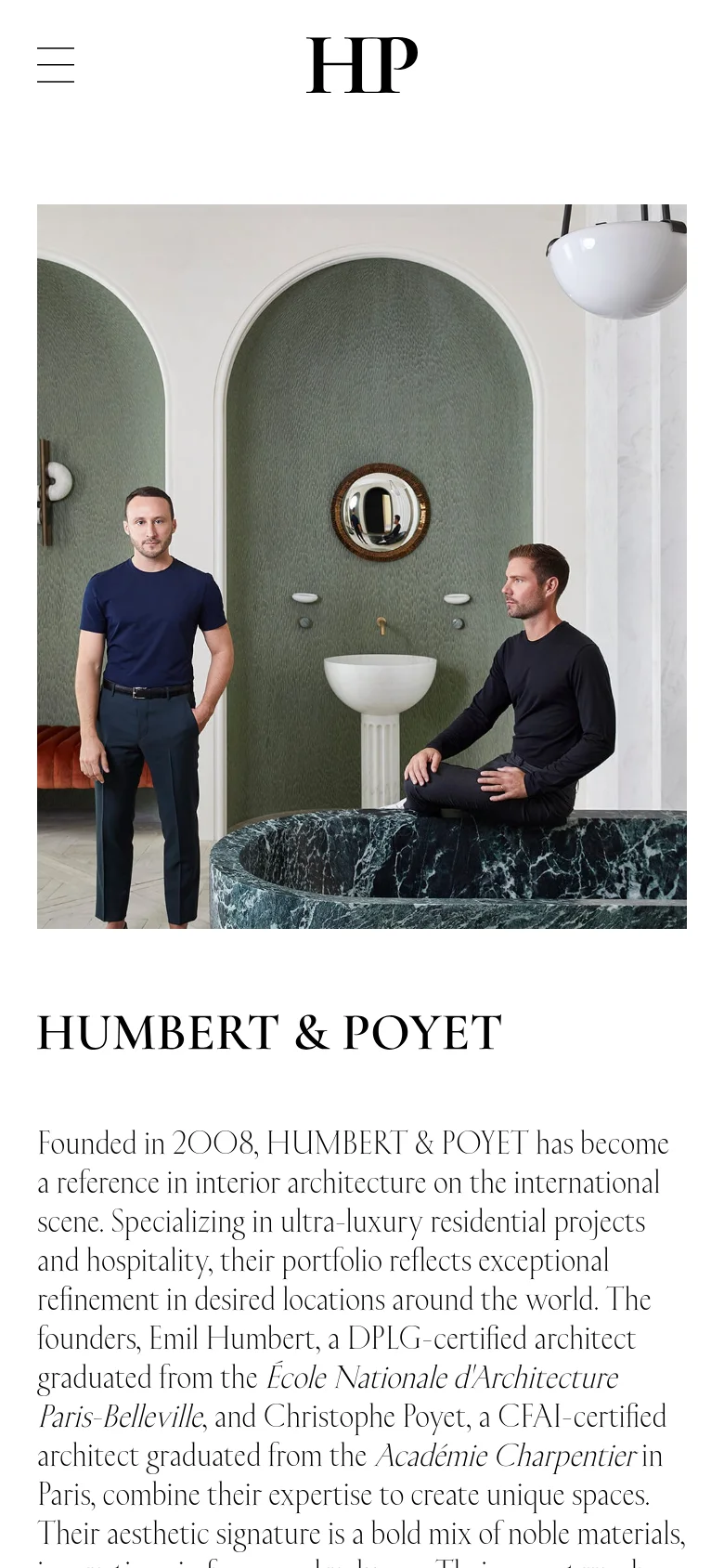The mobile version uses a vertical stack, placing the large hero image of the two men at the top, followed by the 'HP' logo and the descriptive text below. The navigation is condensed into a hamburger menu icon at the top left, and the overall layout is optimized for a single-column scrolling experience on a white background.