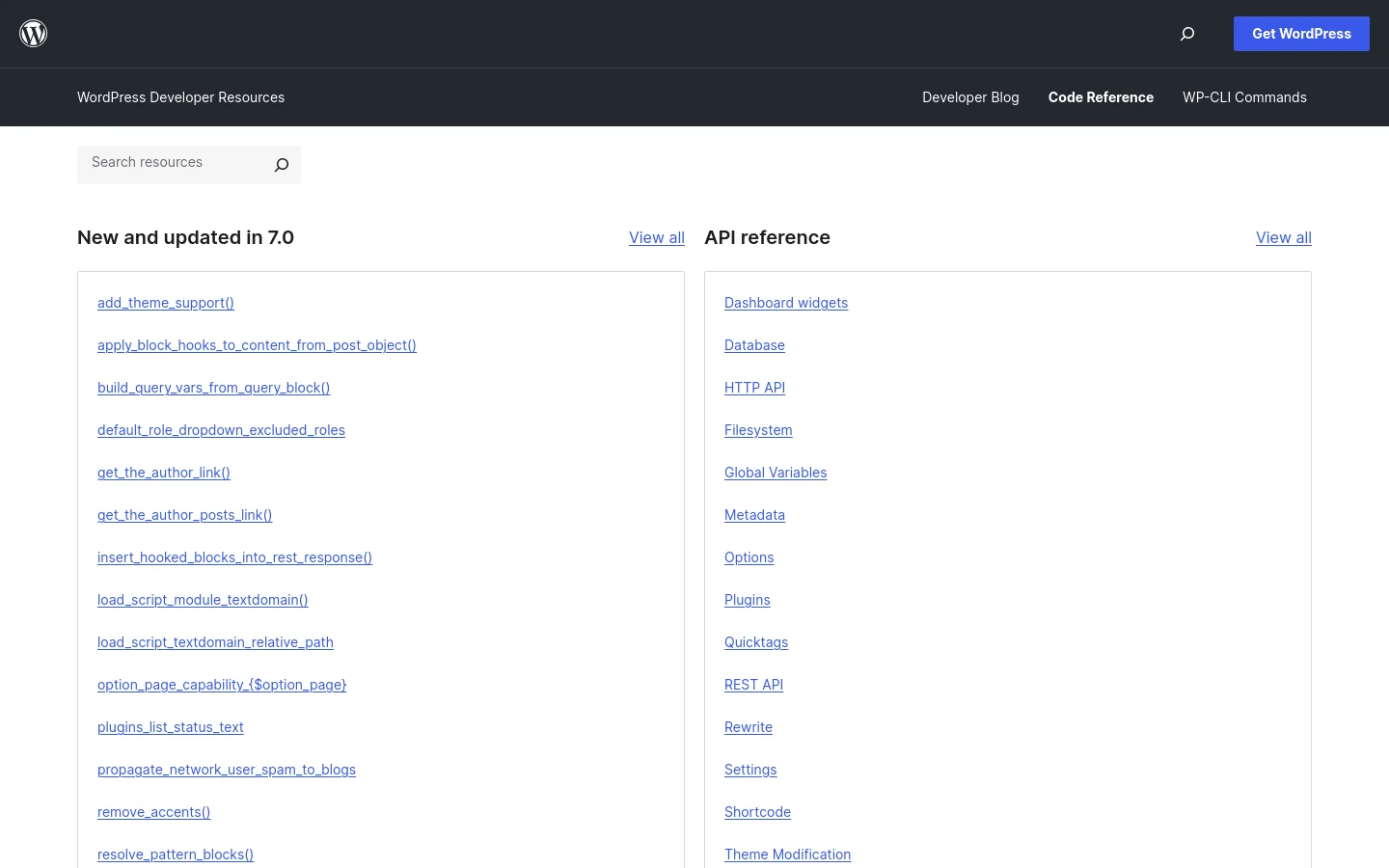 The WordPress Code Reference page features a clean, white layout with a dark header containing the WordPress logo and navigation links. A search bar is positioned at the top, followed by two main columns: 'New and updated in 7.0' containing a list of function links, and 'API reference' containing categorized links like Database and REST API.