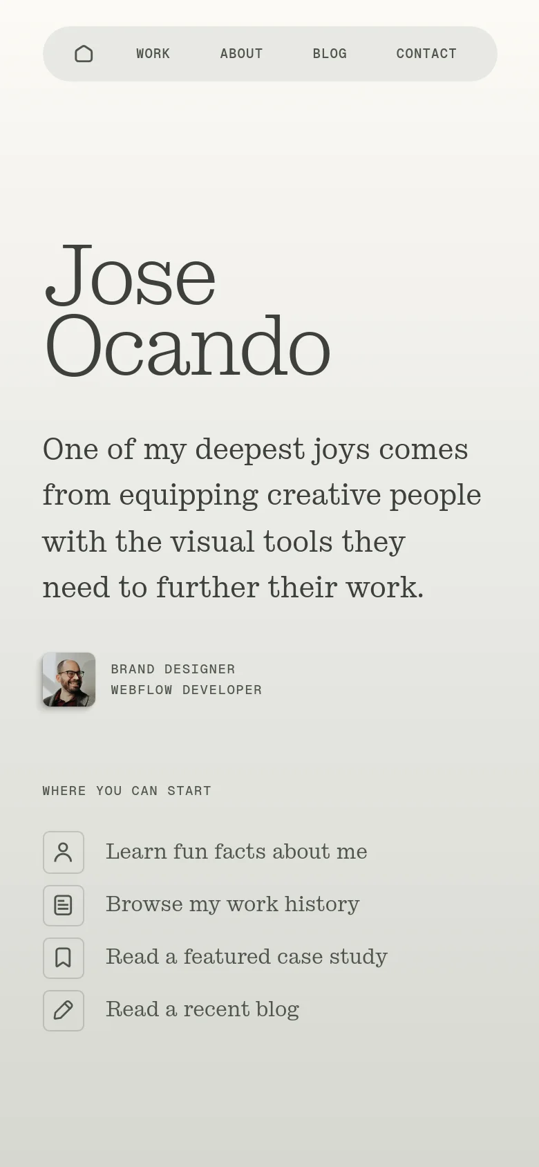 The mobile version maintains the minimalist aesthetic and light grey color palette but uses a stacked layout. The large 'Jose Ocando' headline and introductory text are centered, followed by the portrait and professional titles, with the 'Where you can start' navigation links listed vertically below.