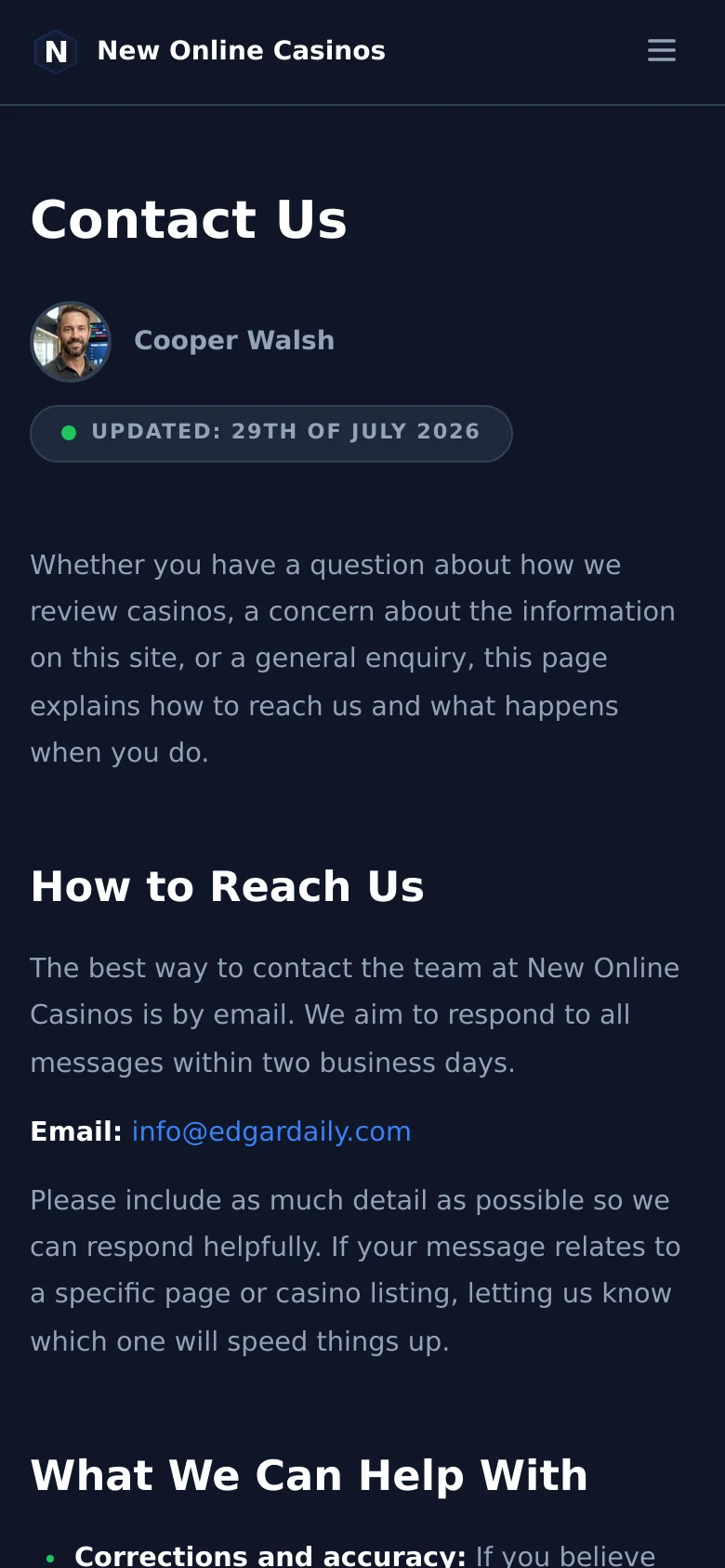 Edgar Contact mobile website screenshot