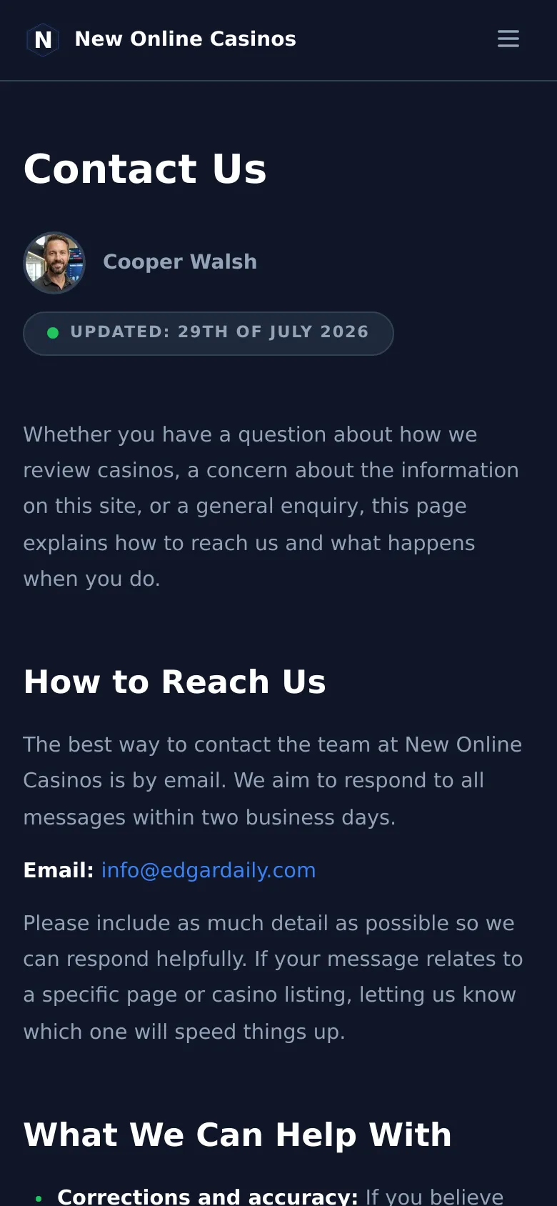 Edgar Contact mobile website screenshot