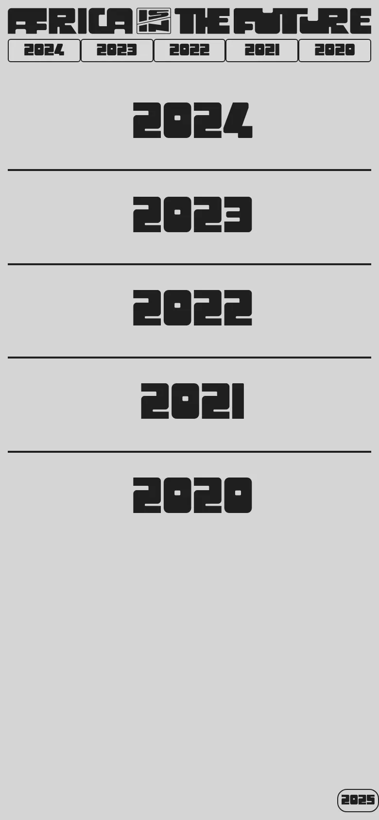 The mobile version maintains the minimalist gray and black aesthetic but adjusts the layout for a narrow screen. The year navigation buttons are stacked or condensed, and the large year headings remain centered and vertically stacked, occupying the full width of the viewport.