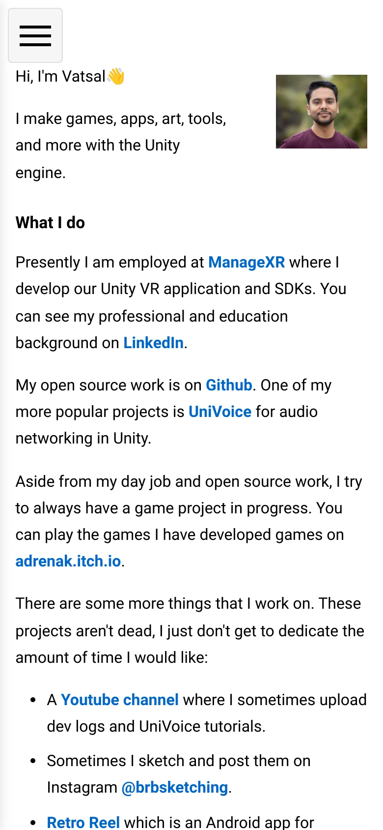 Mobile version of the website featuring a single-column layout optimized for small screens. The sidebar navigation is replaced by a hamburger menu icon at the top left, and the content flows vertically, starting with a greeting, a portrait image, and text descriptions of professional work and projects.