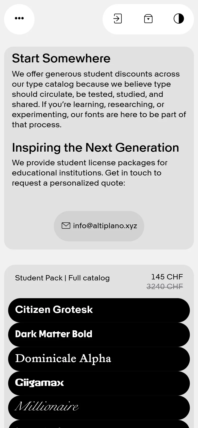 The mobile version uses a single-column vertical layout, stacking the text sections and pricing cards. The hero section text appears first, followed by the email contact button, and then the 'Student Pack' lists which are displayed as large, full-width black buttons with white text.