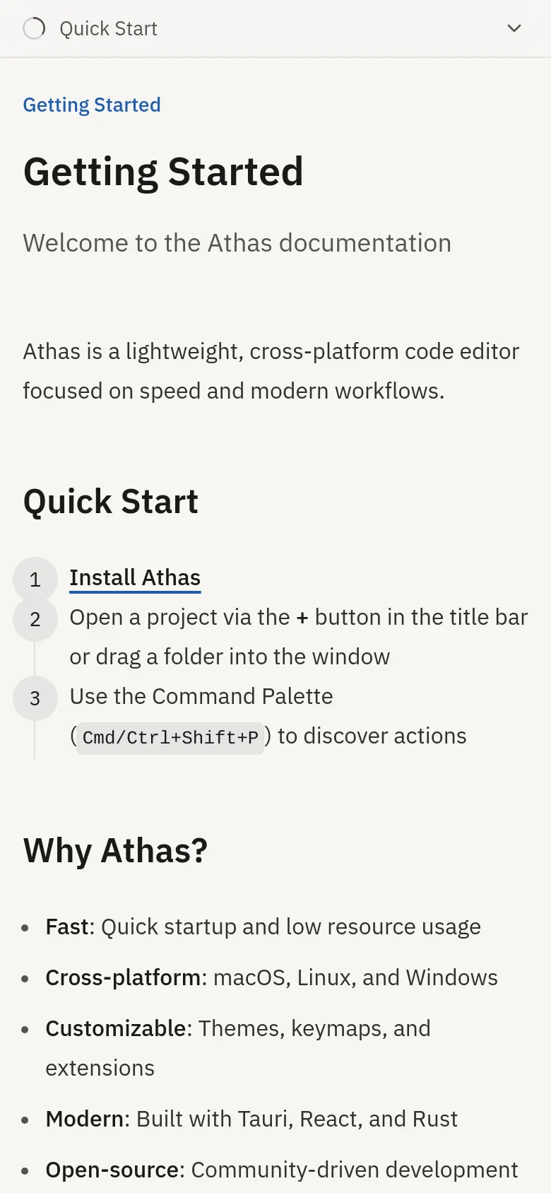 The mobile version simplifies the layout by hiding the sidebar and right-hand navigation, focusing entirely on the main content. The 'Getting Started' header and text are centered or left-aligned in a single column, and the navigation menu is replaced by a collapsible 'Quick Start' dropdown at the top.