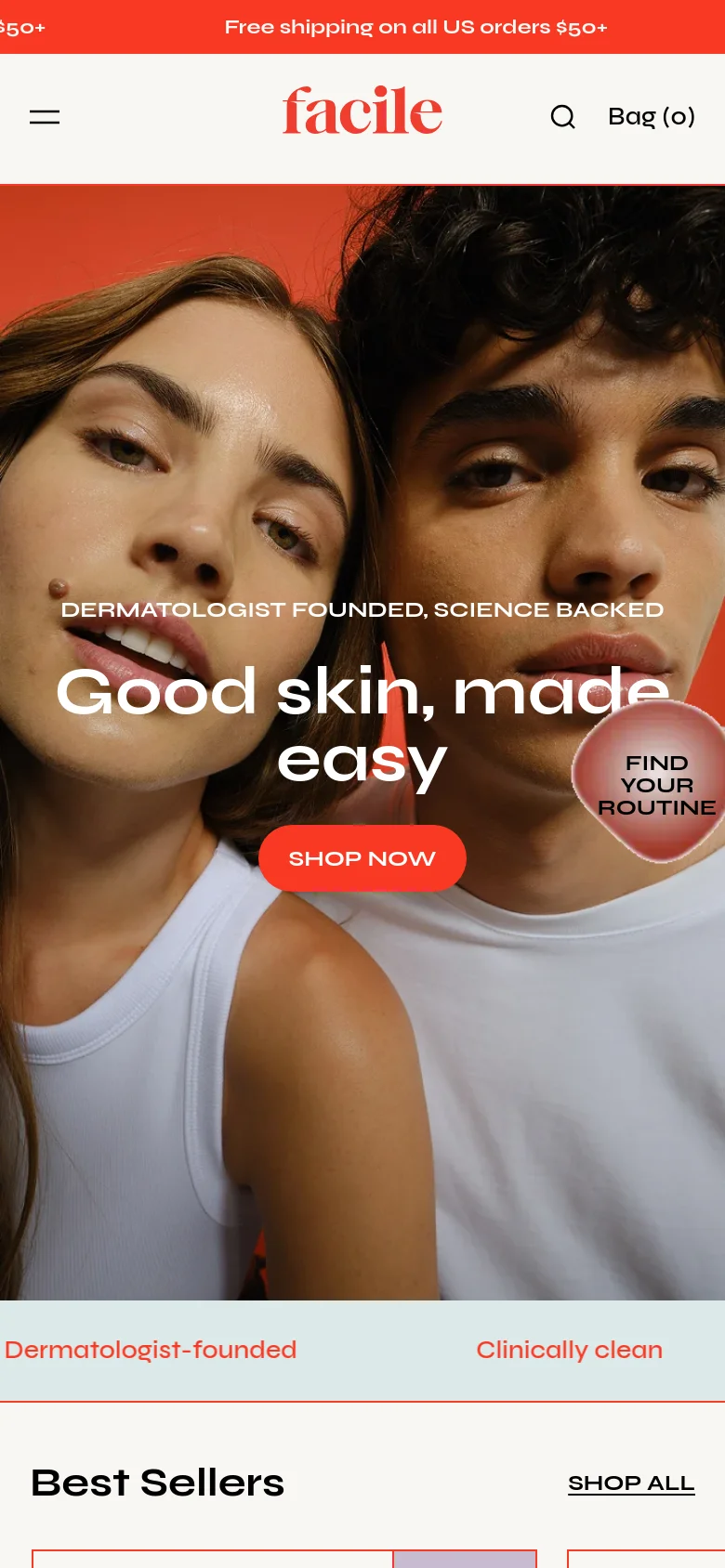 The mobile version presents a vertically stacked layout, beginning with a hamburger menu and the brand logo at the top. The hero image of two faces dominates the screen with the headline and 'Shop Now' button centered over the image. The brand value links and 'Best Sellers' section are scaled down to fit a single-column mobile view.