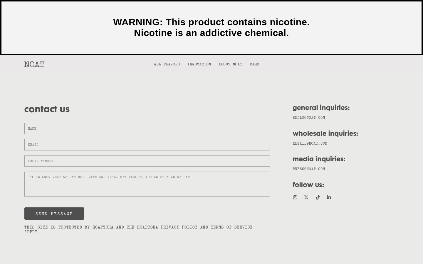 The desktop Contact Us page features a minimalist design with a light gray background and a prominent nicotine warning banner at the top. The layout is split into two columns: a contact form on the left with fields for name, email, phone number, and a message, and a list of inquiry email addresses and social media icons on the right. A dark gray 'SEND MESSAGE' button sits below the form.
