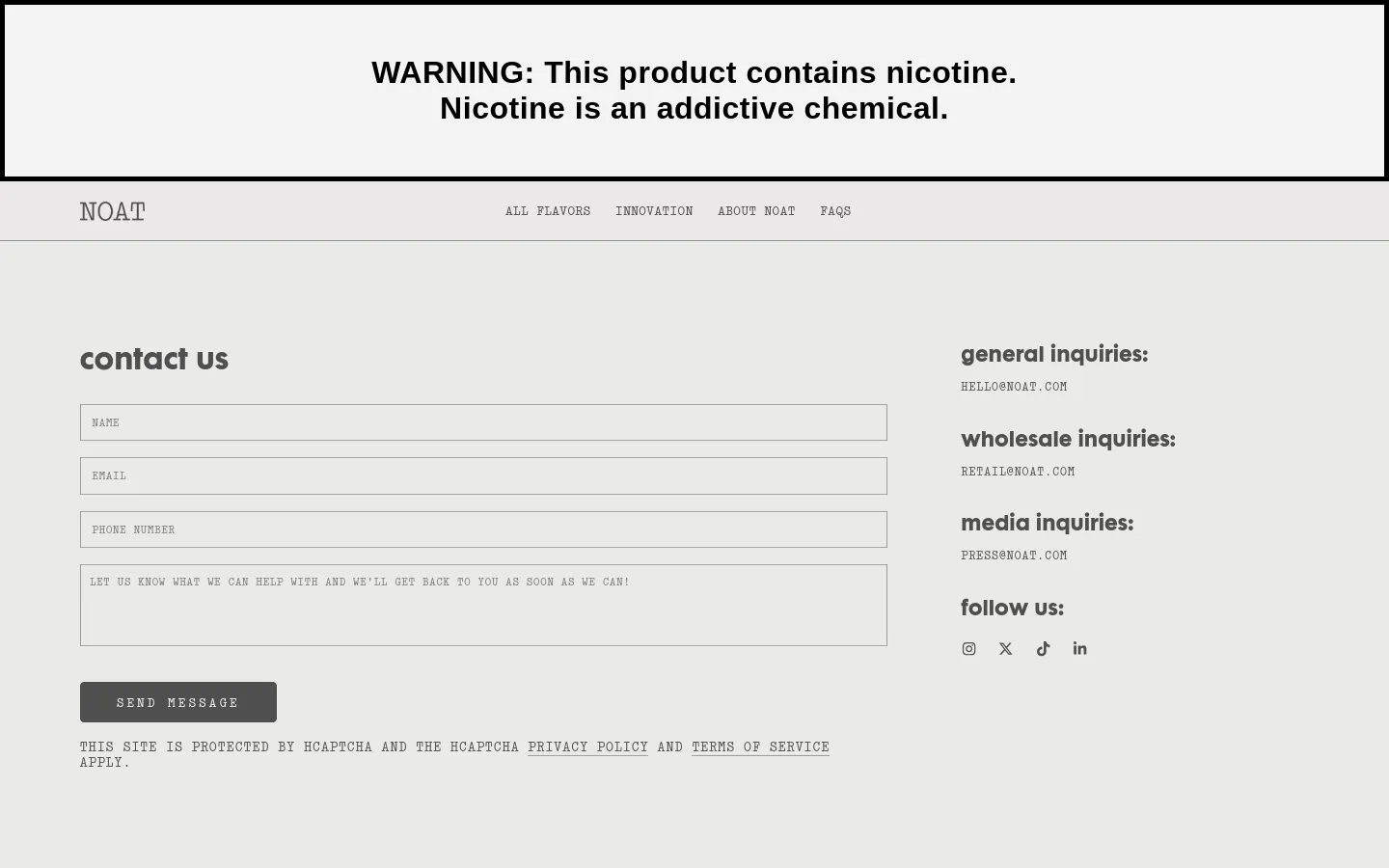 The desktop Contact Us page features a minimalist design with a light gray background and a prominent nicotine warning banner at the top. The layout is split into two columns: a contact form on the left with fields for name, email, phone number, and a message, and a list of inquiry email addresses and social media icons on the right. A dark gray 'SEND MESSAGE' button sits below the form.