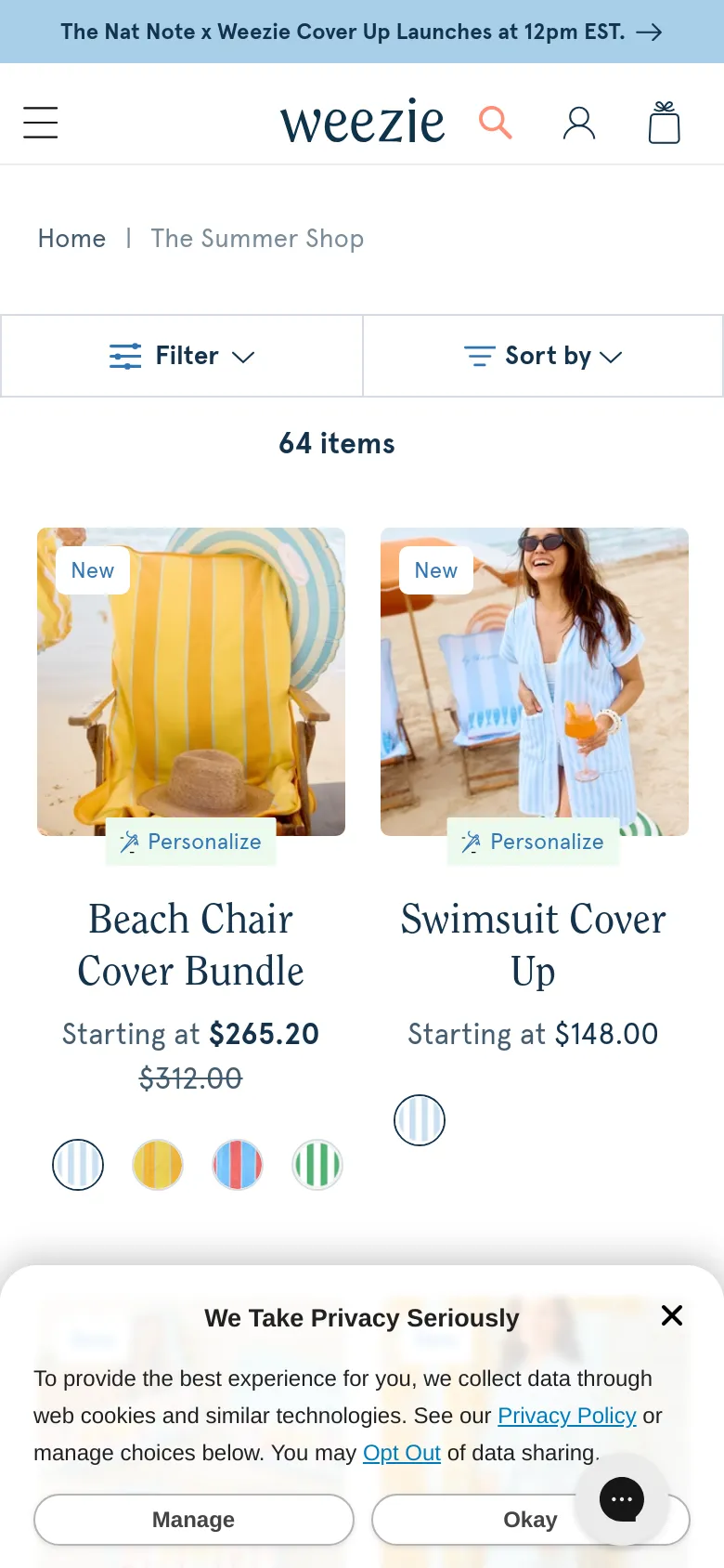 The mobile version simplifies the interface, replacing the wide filter bar with a compact 'Filter' and 'Sort by' button layout above the product count. The product grid shifts to a single-column view to accommodate the smaller screen, focusing on large images of items like the 'Beach Chair Cover Bundle' and 'Swimsuit Cover Up' with their respective prices and color swatches below.