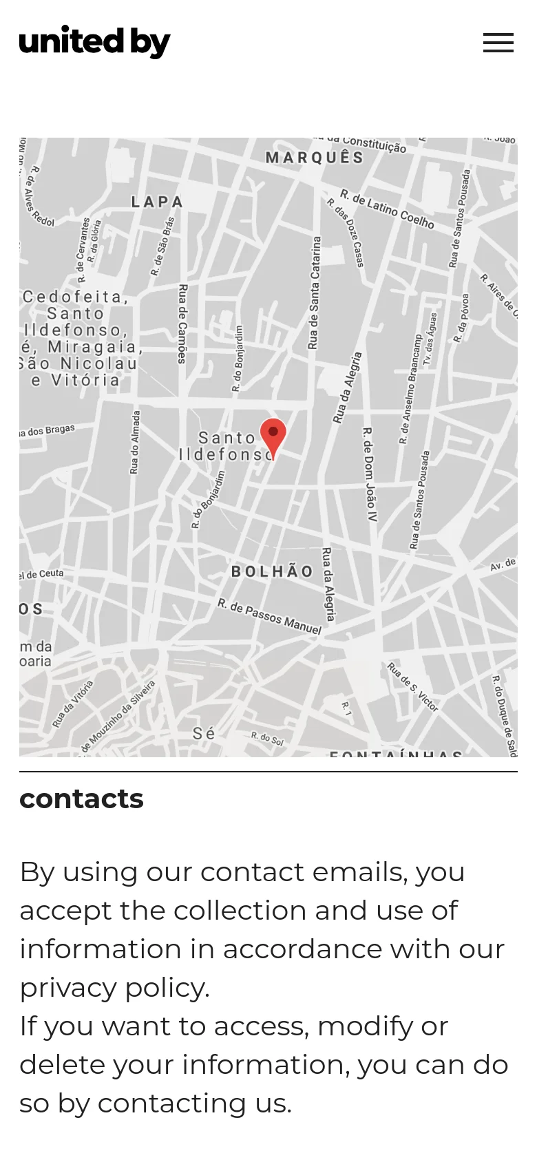 The mobile version presents a simplified layout with the 'united by' logo on the top left and a hamburger menu icon on the top right. The map image is positioned below the header, followed by the 'contacts' headline and the privacy policy text block.