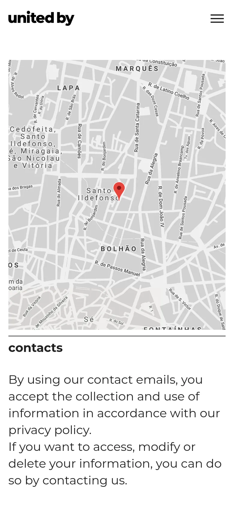 The mobile version presents a simplified layout with the 'united by' logo on the top left and a hamburger menu icon on the top right. The map image is positioned below the header, followed by the 'contacts' headline and the privacy policy text block.