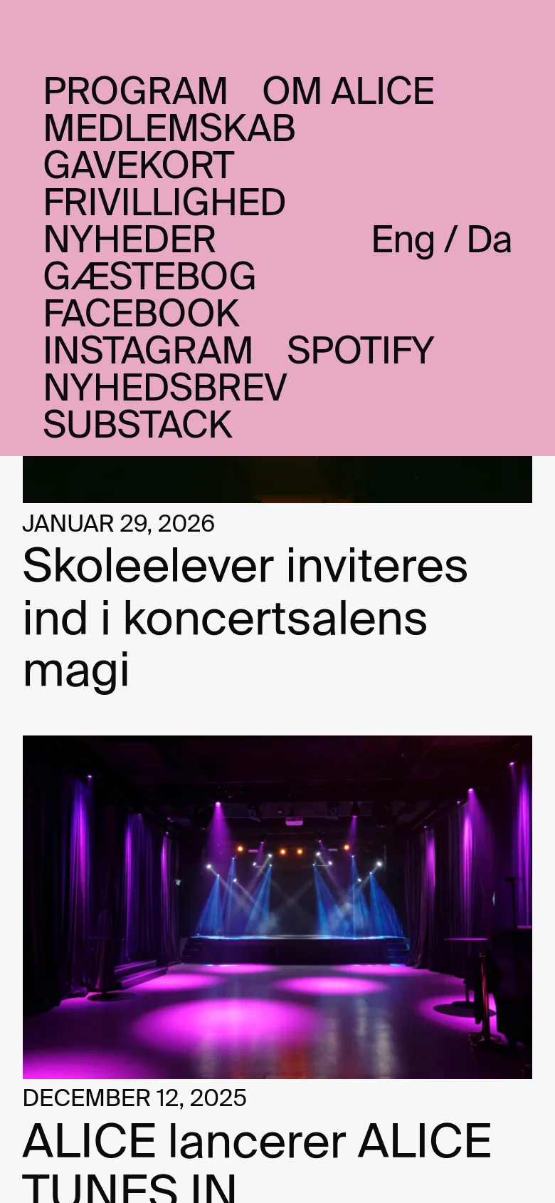 The mobile version uses a pink background with large, bold black text for the navigation menu and links. The layout shifts to a single-column vertical stack, showing the news headlines and large imagery one after another, prioritizing readability on a narrow screen.