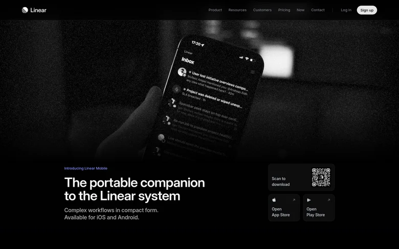 The desktop homepage features a dark, cinematic hero image of a hand holding a smartphone displaying the Linear app interface. A large headline reads 'The portable companion to the Linear system' above a subheadline, with a floating black widget on the right containing a QR code and buttons for the App Store and Play Store. The navigation bar at the top includes links for Product, Resources, Customers, Pricing, and a Sign up button.