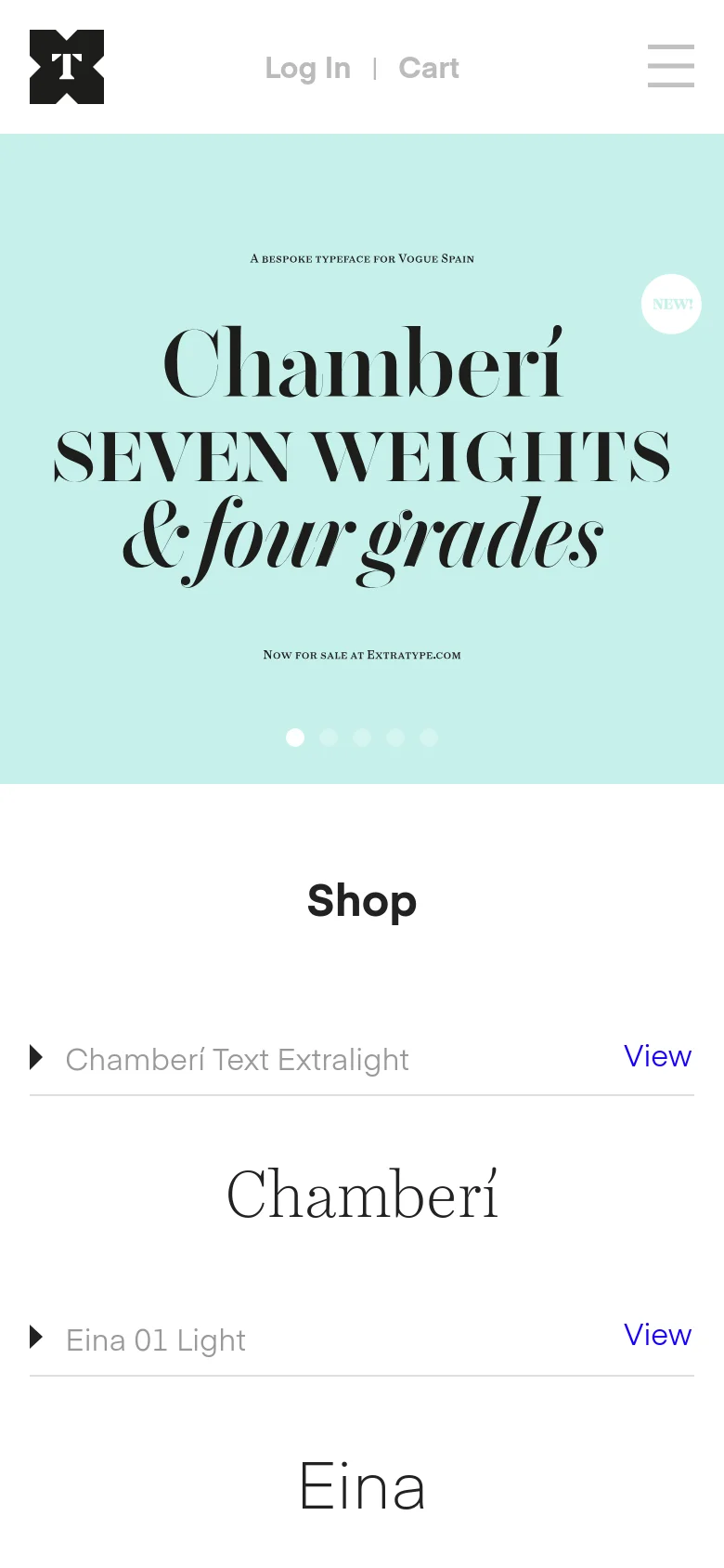 The mobile version presents a simplified layout with a hamburger menu icon on the right and the studio logo on the left. The hero section features the same mint green background and large 'Chamberí' typography as the desktop version, but the navigation links are hidden within the menu. Below the hero slider, a 'Shop' section begins with a list of available typefaces like Chamberí and Eina.