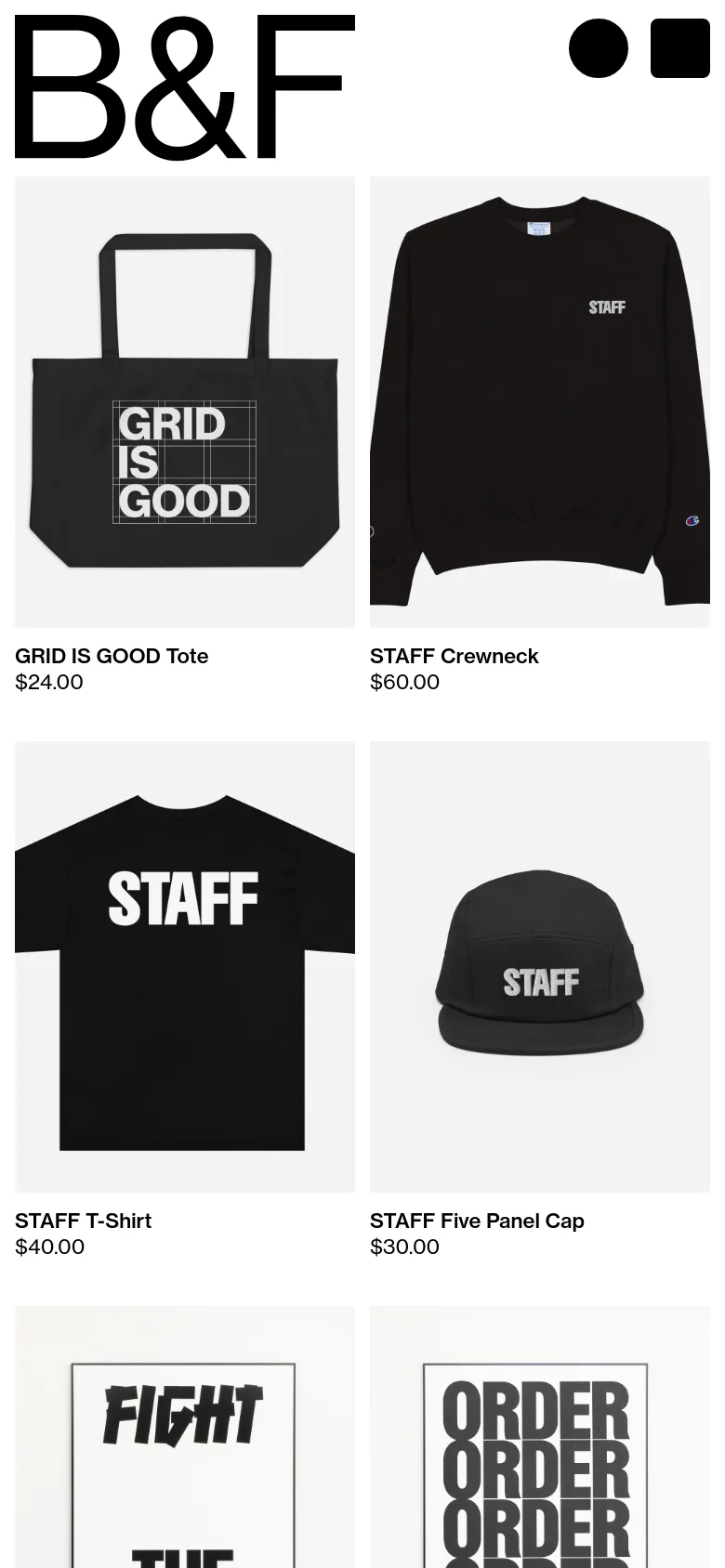 The mobile version maintains the minimalist white and black aesthetic but rearranges the product grid into a single column for easier scrolling. The large 'B&F' header remains prominent at the top, with product images, names, and prices stacked vertically.