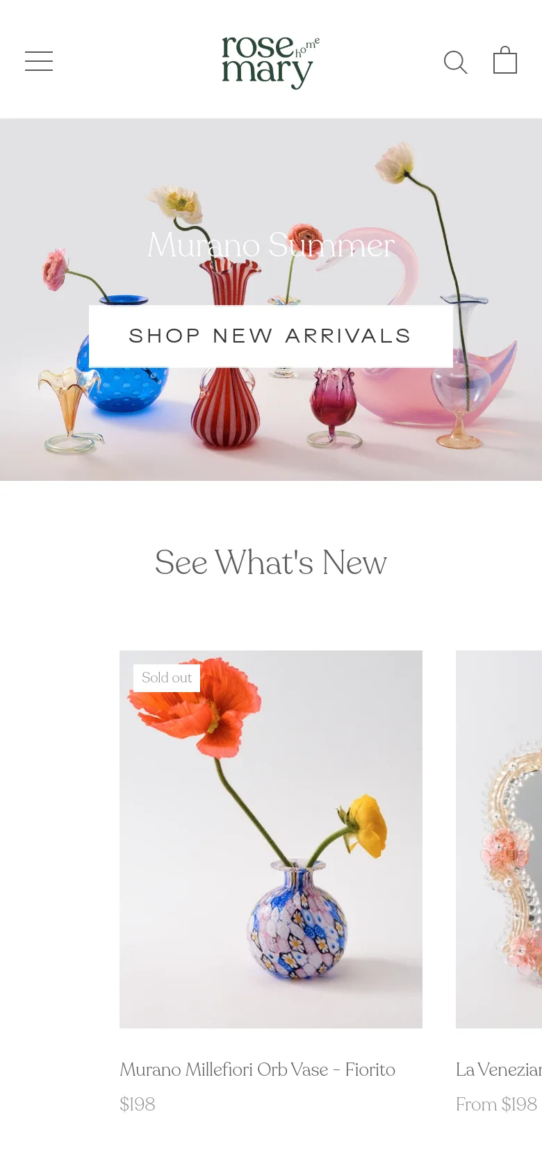 The mobile version presents a simplified header with the logo centered above a search and cart icon, with a hamburger menu on the left. The hero section remains prominent with the colorful glass collection and 'SHOP NEW ARRIVALS' button, but the layout shifts to a single-column view for the product grid below the 'See What's New' heading.