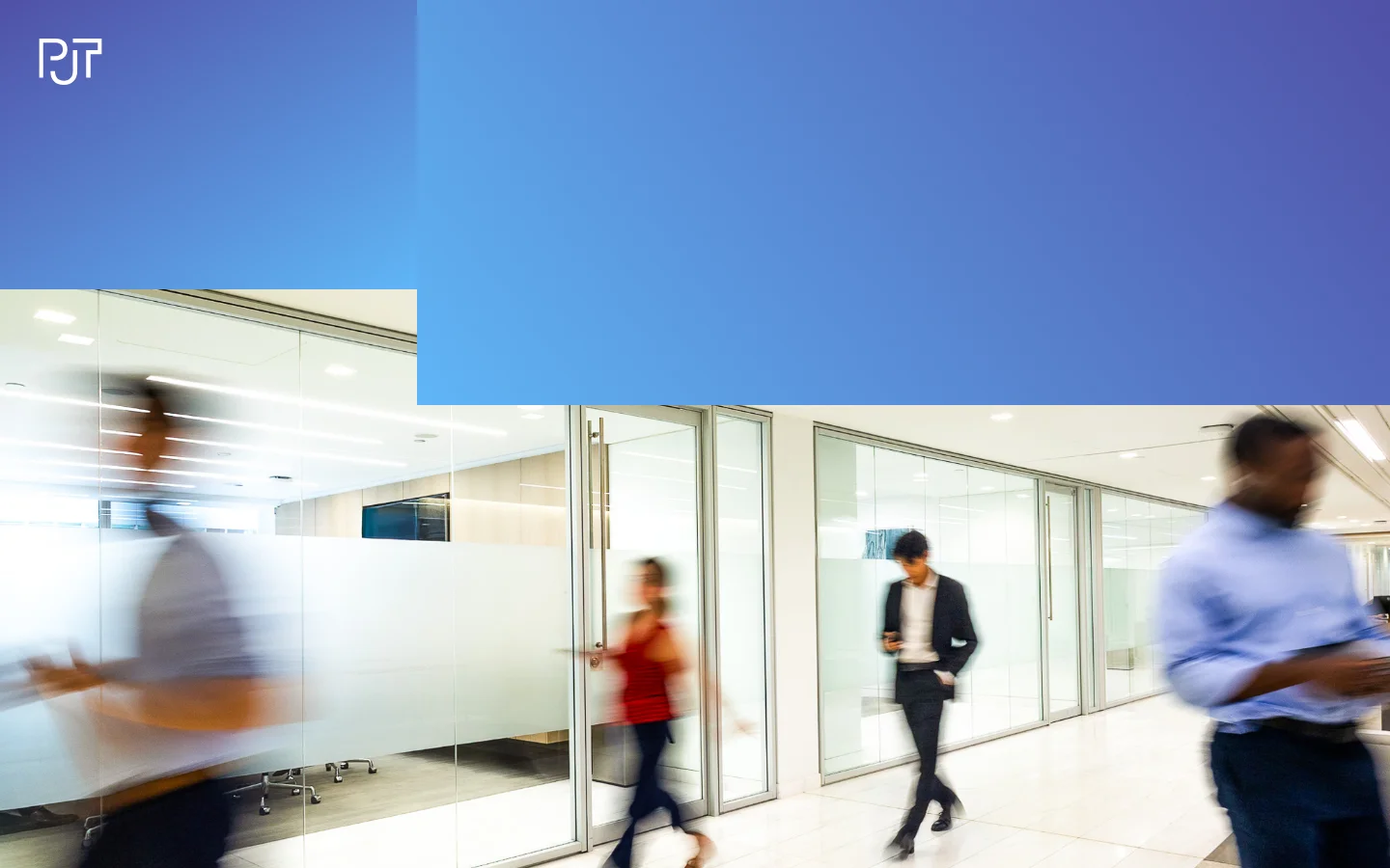 The desktop homepage features a large hero image of people walking through a modern, bright office hallway with glass walls. A blue gradient overlay covers the top right, and the PJT logo is in the top left. A navigation menu includes links for About, Team, Expertise, Investors, and Careers.