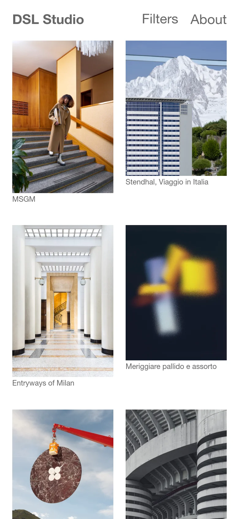 The mobile version maintains the minimalist aesthetic but rearranges the content into a single-column vertical scroll. The header remains at the top with the studio name and navigation links, while the large photographic tiles are stacked vertically to fit the narrow screen width.