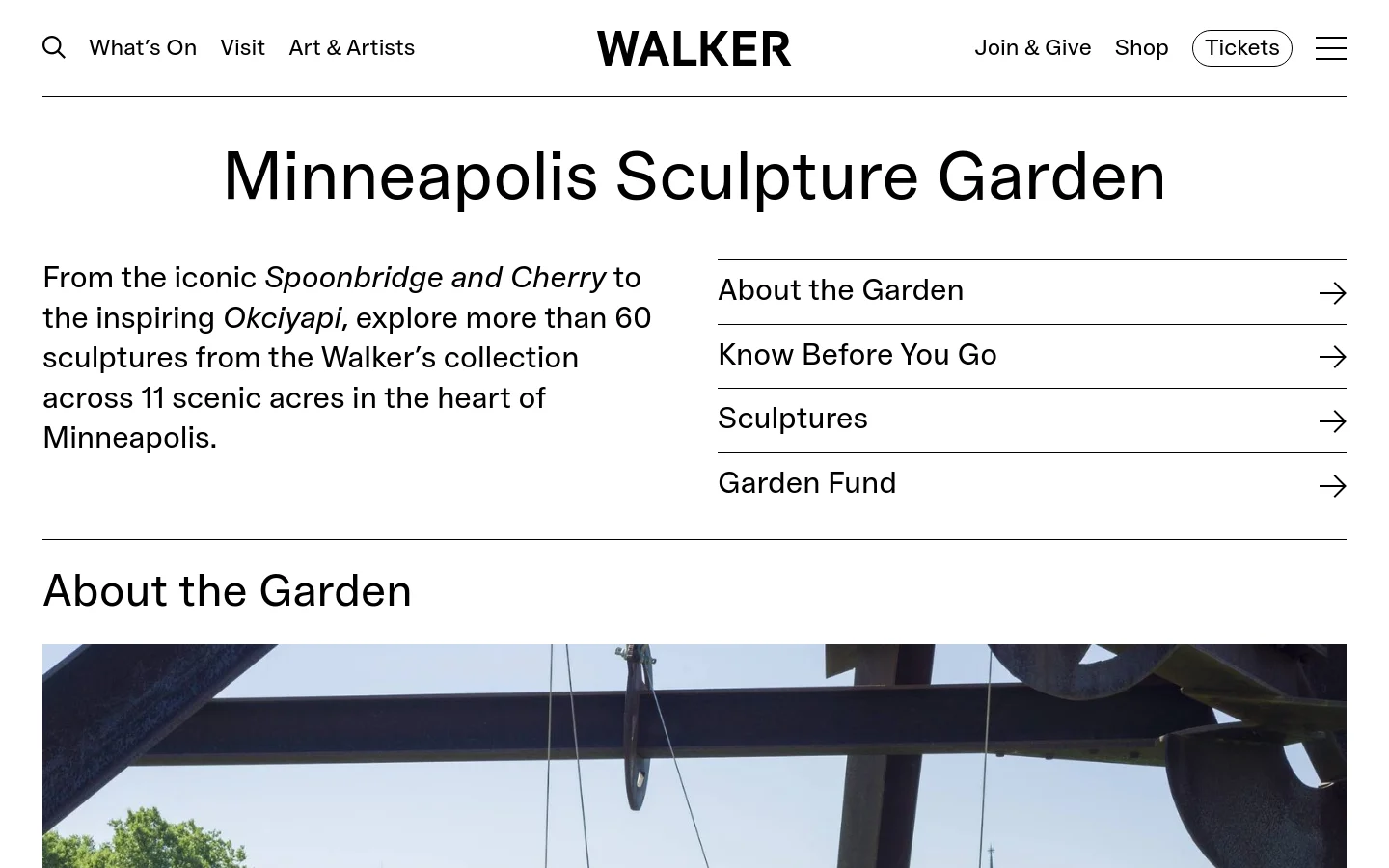 The desktop homepage for the Minneapolis Sculpture Garden features a clean white layout with a large centered headline. Below the headline, a brief introductory paragraph sits to the left of a vertical navigation menu containing links for About the Garden, Know Before You Go, Sculptures, and Garden Fund. A large section titled 'About the Garden' follows, featuring a wide landscape photograph of a sculpture.