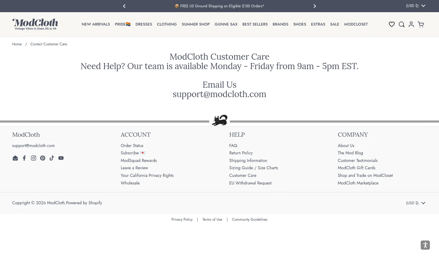 ModCloth Contact desktop website screenshot