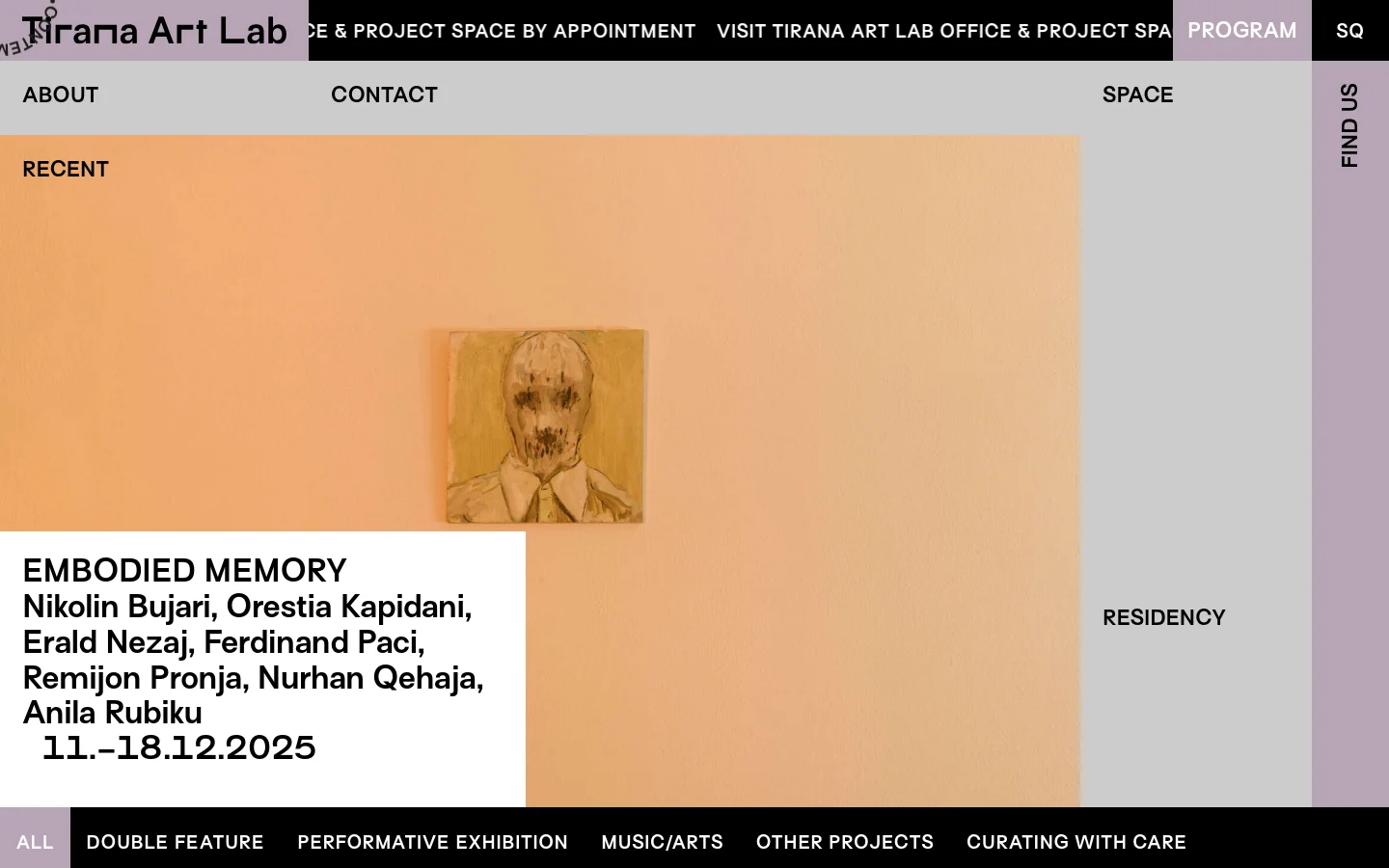 The Tirana Art Lab homepage features a minimalist layout with a large hero image of a portrait painting against a peach-colored wall. Navigation links like About, Contact, Space, and Residency are spread across the top and side, with a prominent 'Embodied Memory' exhibition headline at the bottom left. The color palette is neutral, using peach, grey, and black tones.