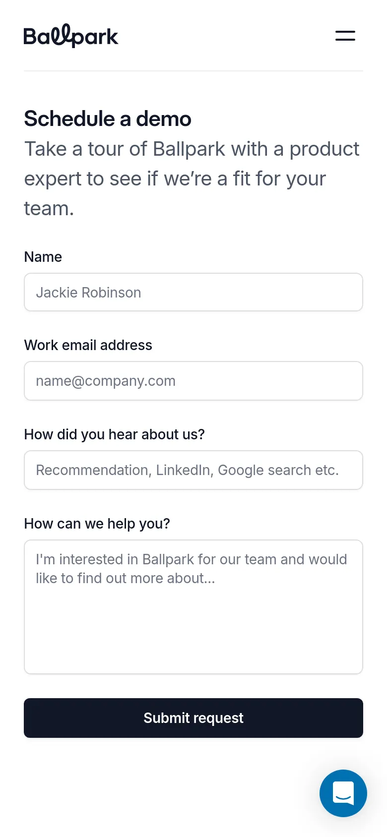 The mobile version simplifies the layout into a single vertical column. The 'Schedule a demo' headline and description appear at the top, followed by the contact form fields and the dark 'Submit request' button. A blue chat icon is visible in the bottom right corner.