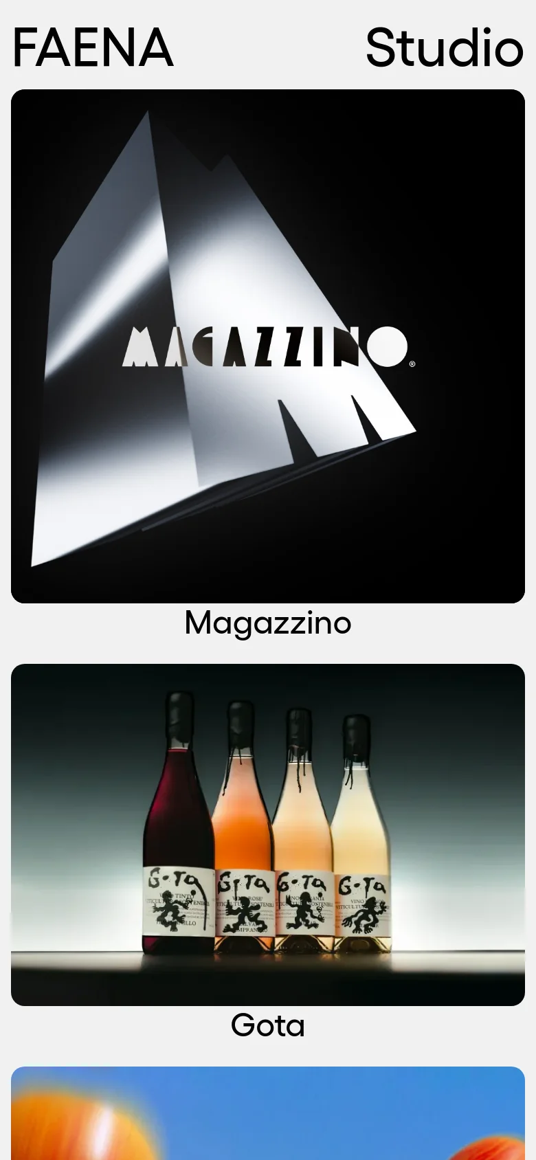 The mobile version maintains the minimalist aesthetic but shifts to a single-column vertical scroll. Large project images like Magazzino and Gota dominate the screen, with text labels centered directly underneath each image for easy readability on a small device.
