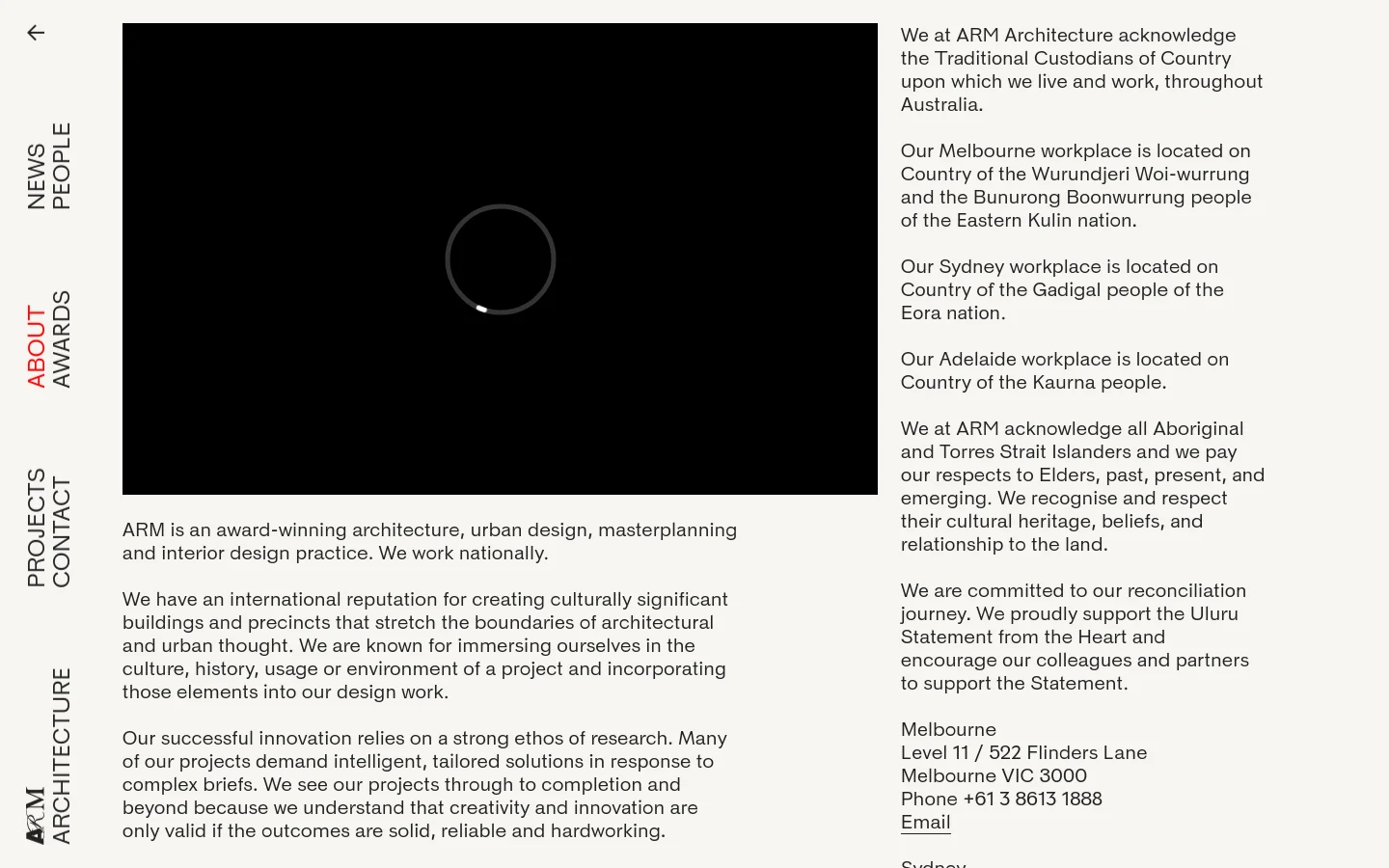 The desktop About page features a minimalist design with a black and white color scheme. A large black rectangular hero area dominates the top, flanked by vertical navigation links on the left such as News, People, About, Awards, Projects, and Contact. The main content area contains several paragraphs of text describing the architecture practice, set against a clean white background.