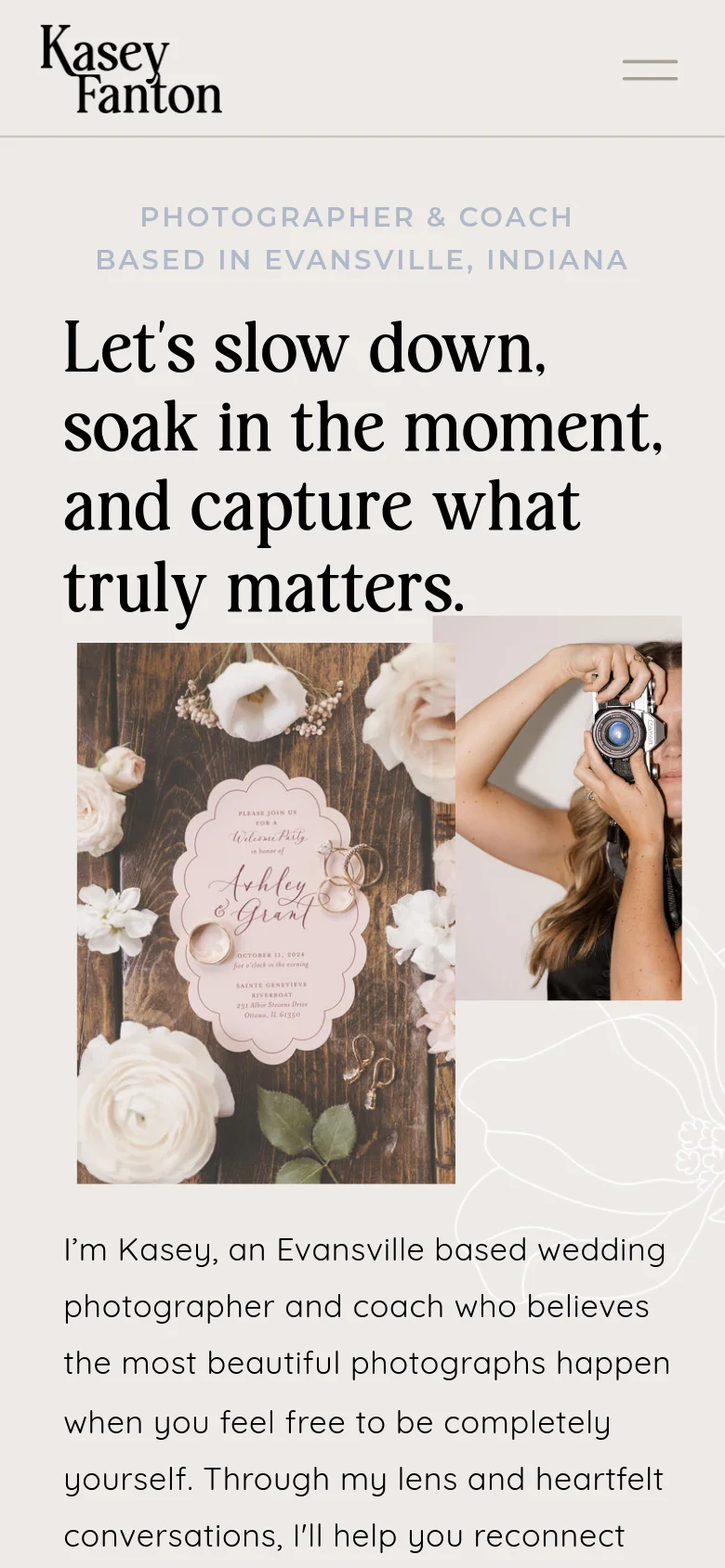 The mobile version simplifies the layout, moving the logo to the top left and replacing the desktop navigation with a two-line hamburger menu icon. The hero content stacks vertically, starting with the large serif headline followed by the two-image collage and the introductory text below.