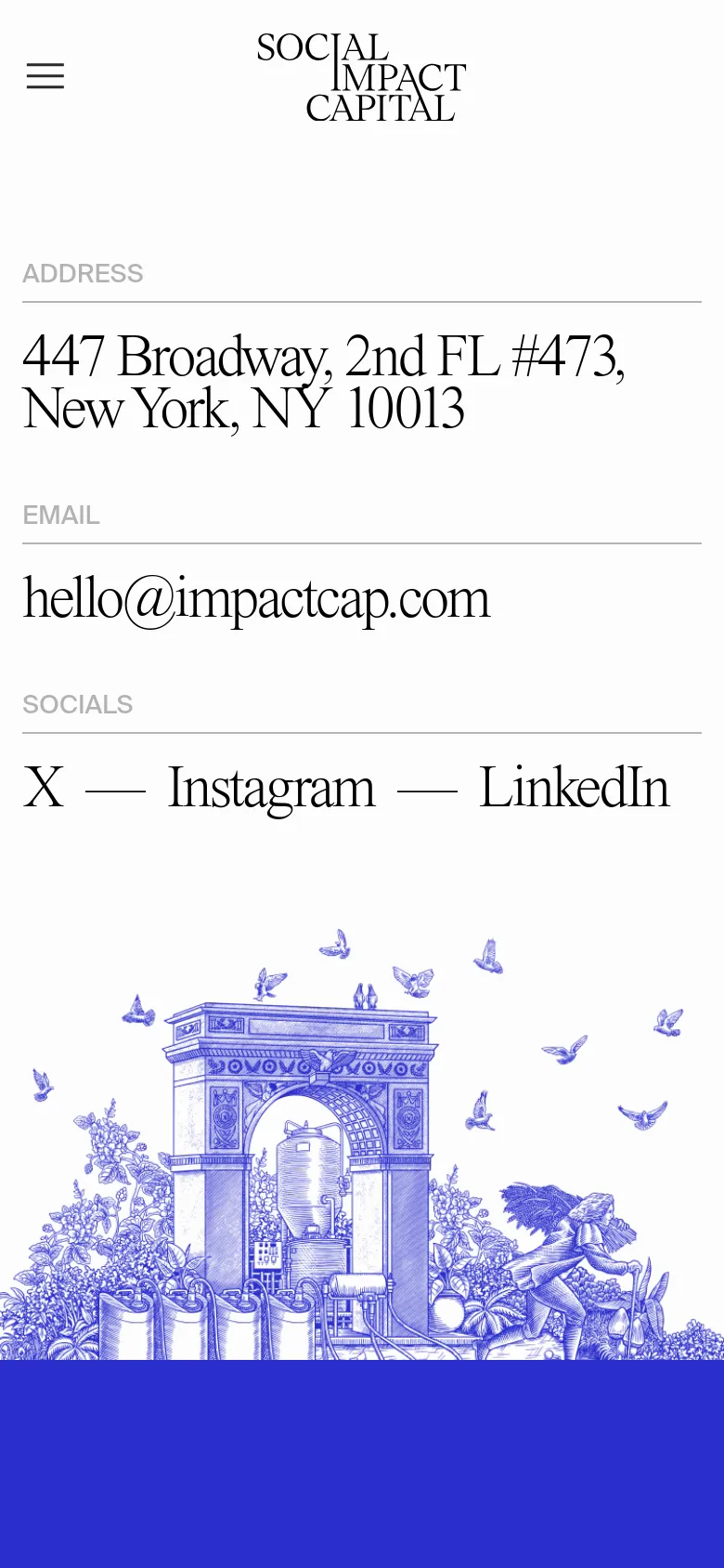 The mobile version stacks the contact information vertically, with the address, email, and social links appearing above a large blue line-art illustration. The illustration, featuring an archway and nature motifs, occupies the bottom half of the screen, and the navigation is condensed into a hamburger menu.