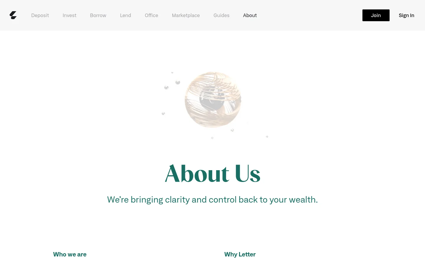 The About Us page features a clean, minimalist design with a white background and dark teal serif typography. A central hero image shows a gold, spherical abstract sculpture surrounded by floating pearls, positioned above the main headline. The desktop navigation bar includes links for Deposit, Invest, Borrow, Lend, Office, Marketplace, Guides, and About, with a black 'Join' button on the right.