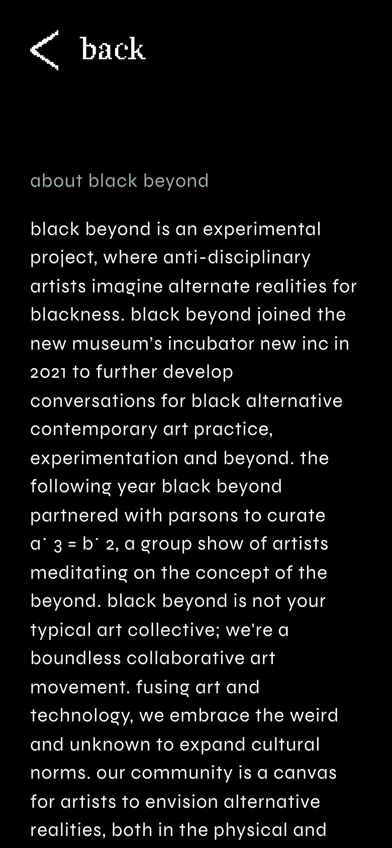 The mobile version maintains the minimalist black and white aesthetic but uses a larger, more prominent 'back' arrow icon at the top. The text is reflowed into a single, narrow column for readability, and the footer links are spaced out at the bottom of the screen.