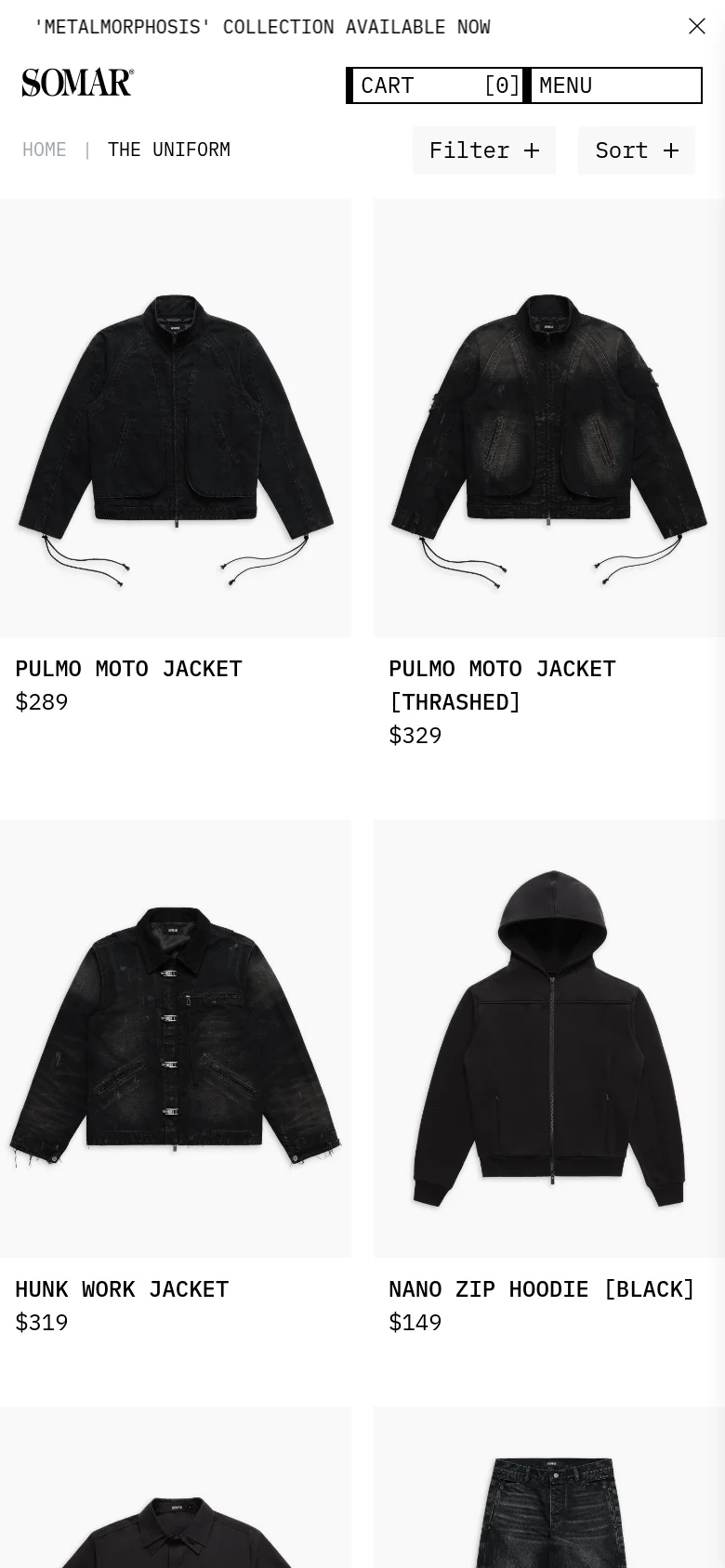 The mobile version features a simplified vertical layout with a centered logo and a condensed menu. The product grid shifts to a two-column display, showing larger images of the black apparel items with their titles and prices directly underneath. A prominent 'Filter' and 'Sort' bar is positioned below the header for easy access.