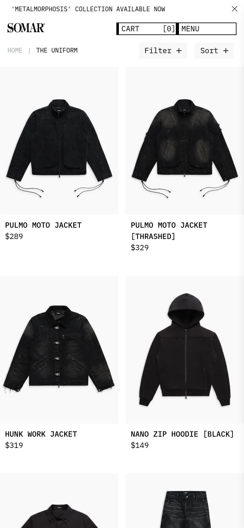 The mobile version features a simplified vertical layout with a centered logo and a condensed menu. The product grid shifts to a two-column display, showing larger images of the black apparel items with their titles and prices directly underneath. A prominent 'Filter' and 'Sort' bar is positioned below the header for easy access.